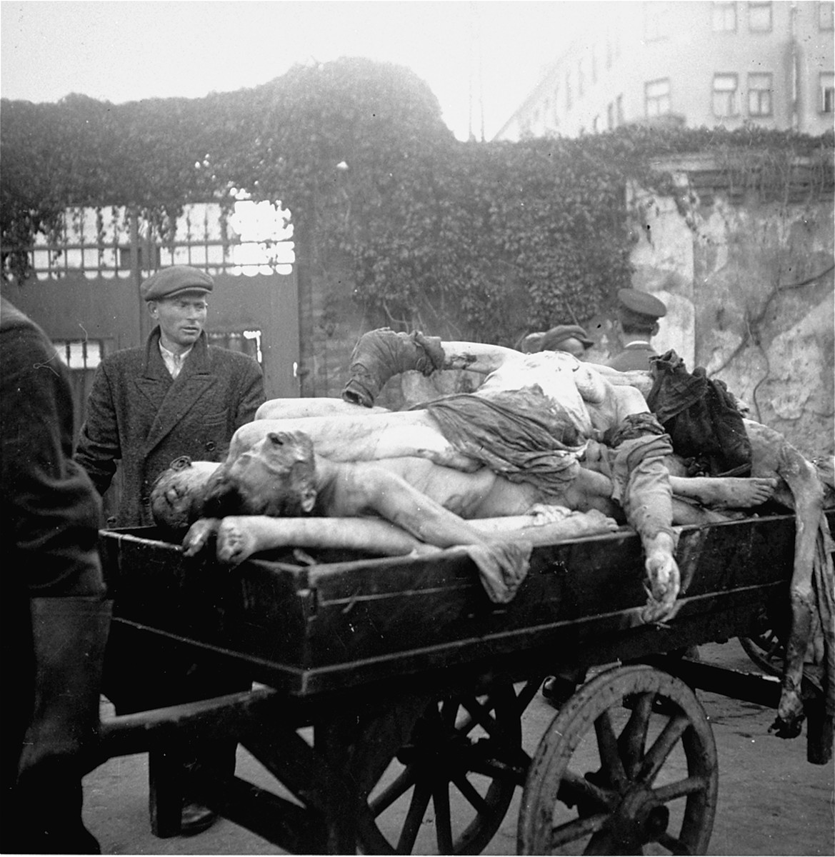 An undertaker pulls a cart laden with corpses into the Jewish cemetery on Okopowa Street for burial in a mass grave.  

Joest's caption reads: "The arms of the dead hanging over the side of the body cart moved by themselves.  It was an eerie sight.  In the background is the entrance to the Jewish cemetery."