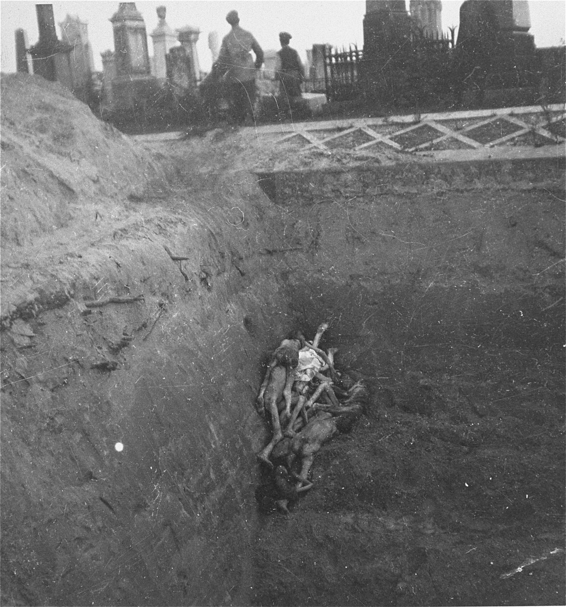 After unloading the grim contents of their cart, gravediggers in the Warsaw ghetto cemetery leave to collect more bodies for burial in a mass grave.  

Joest's caption reads: "As soon as the body-cart was empty, it went back again for more."