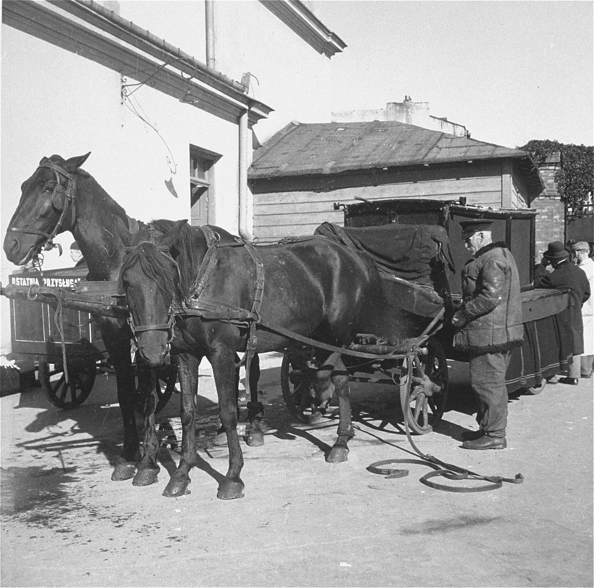 An undertaker from the Pinkiert funeral home adjusts the harness on his horse before leading a funeral procession.