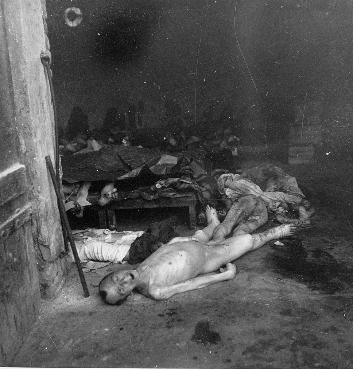 Bodies in the morgue of the Jewish cemetery on Okopowa Street in the Warsaw ghetto.  

Joest's caption reads: "In this morgue there were flecks of blood on the floor and many of the corpses were splashed with blood.  In the dark, however, I could not tell if there was evidence of shooting."