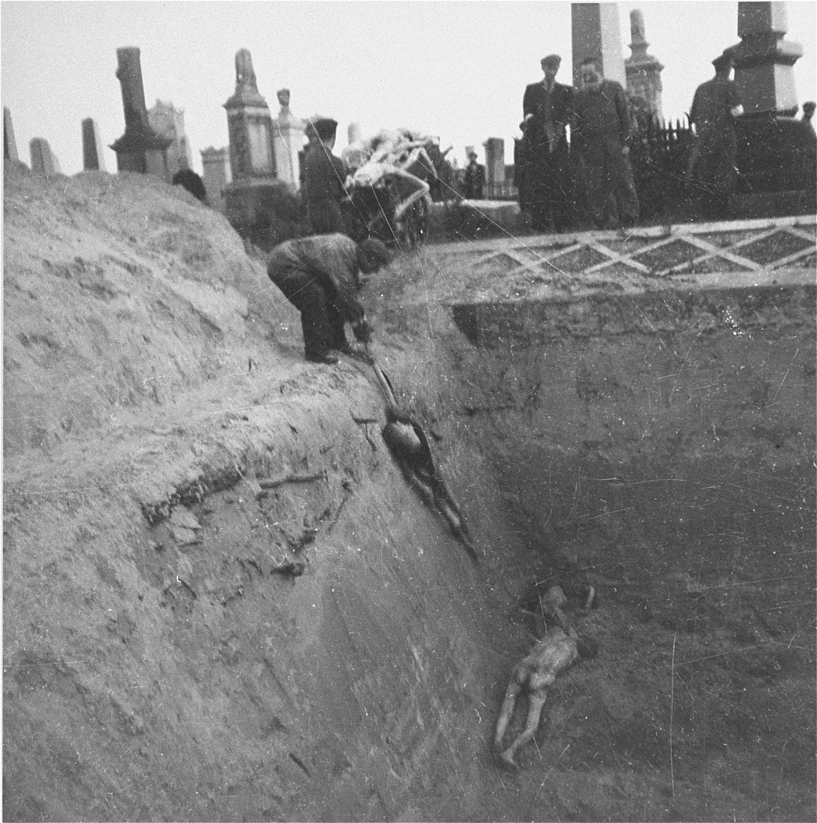 Undertakers from the funeral home of M.B. Pinkiert unload bodies from a cart into a mass grave in the Warsaw ghetto cemetery.  

Joest's caption reads: "There were four men who carried the bodies from the cart to the grave, dropped them in and stacked them."