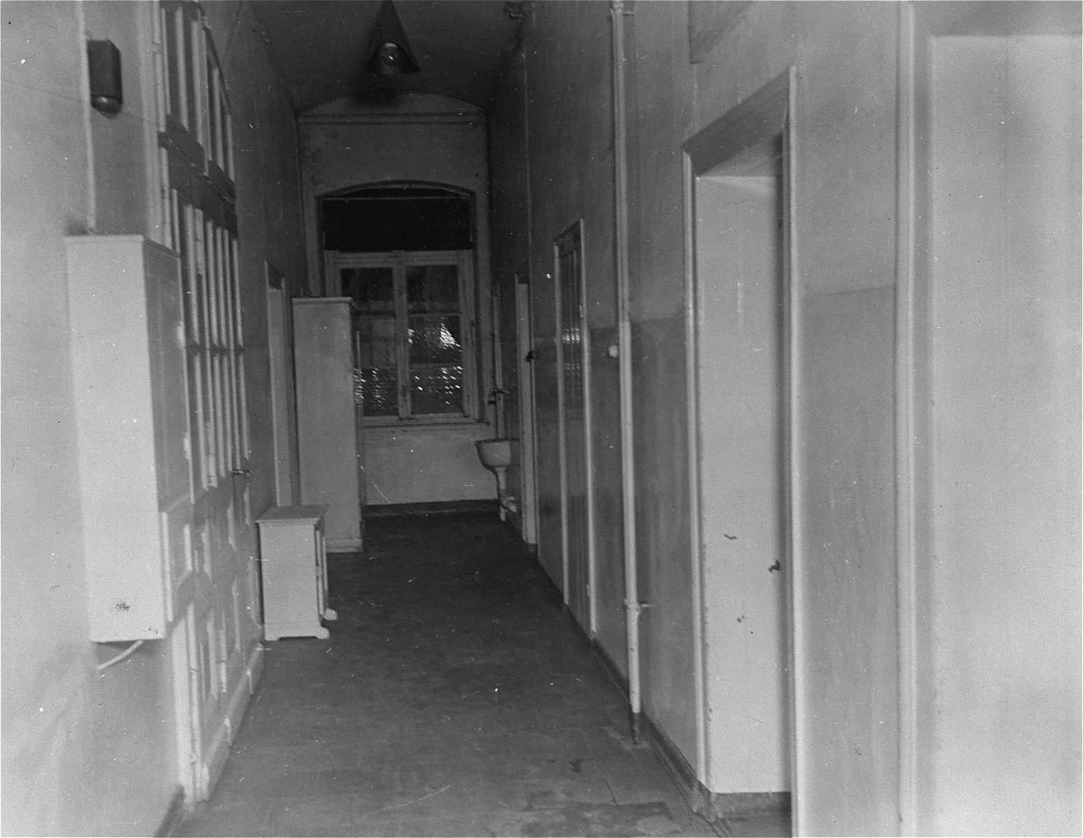 View of a corridor at the Hadamar Institute called "Death Row". 

Victims in rooms leading off this corridor were marked for immediate death. The photograph was taken by an American military photographer soon after the liberation.