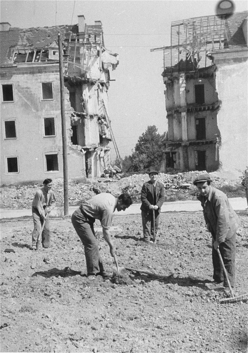 DPs dig in a field in front of a bombed out building.