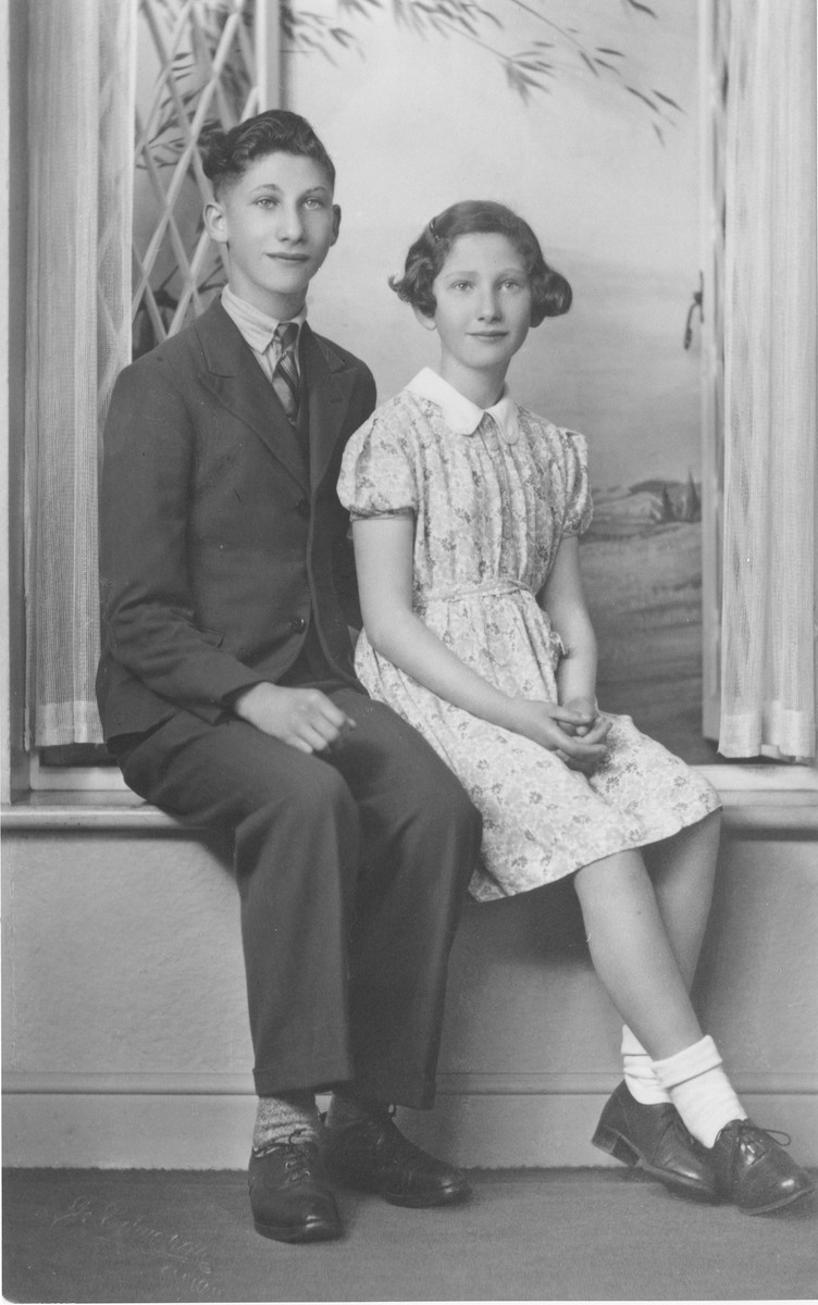 Studio portrait of Inge and Theo Engelhard, two German Jewish refugee children living in England, that was sent to their parents in Portugal.