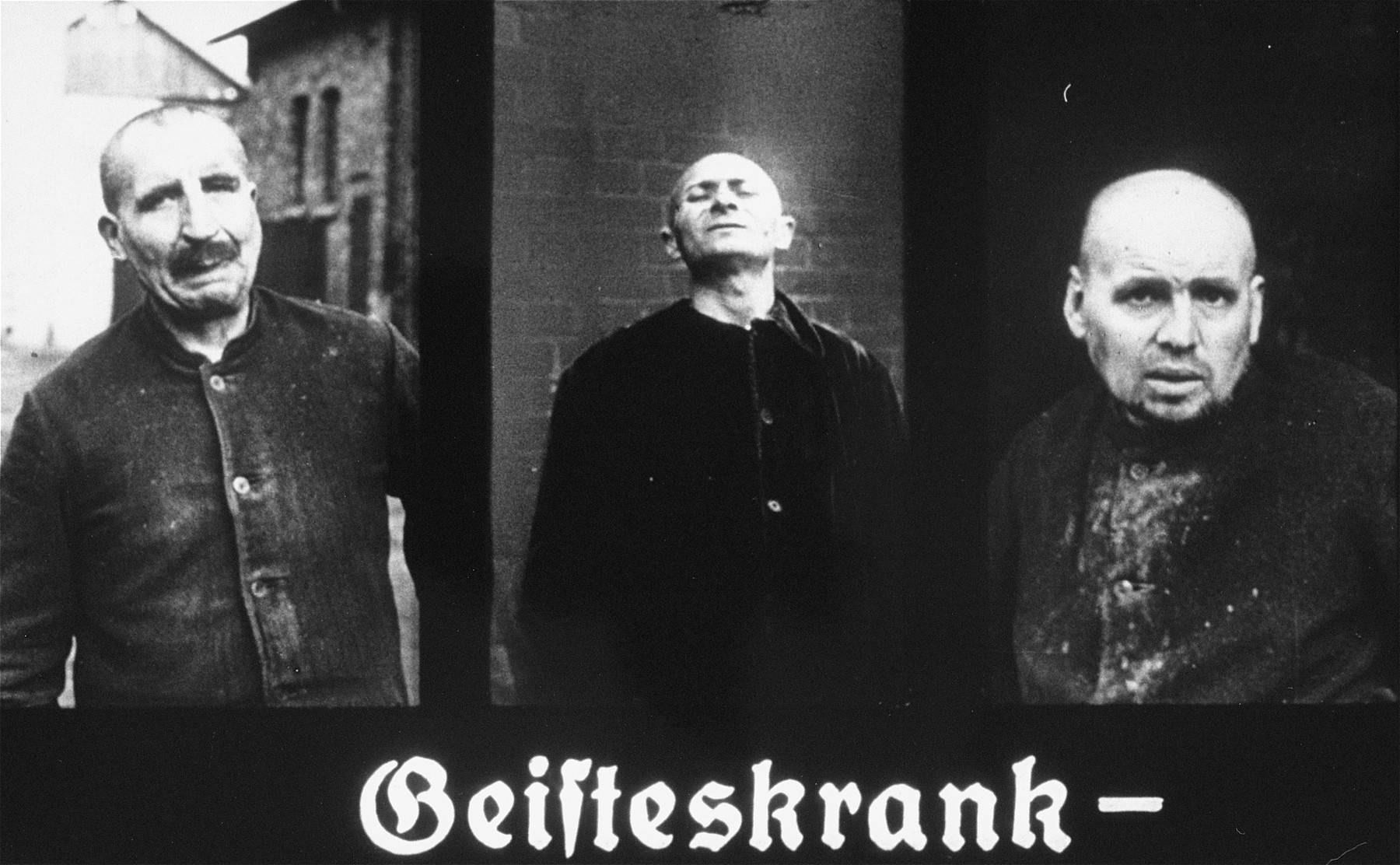 Propaganda slide featuring three mentally ill patients.  The caption reads, "Mentally ill."