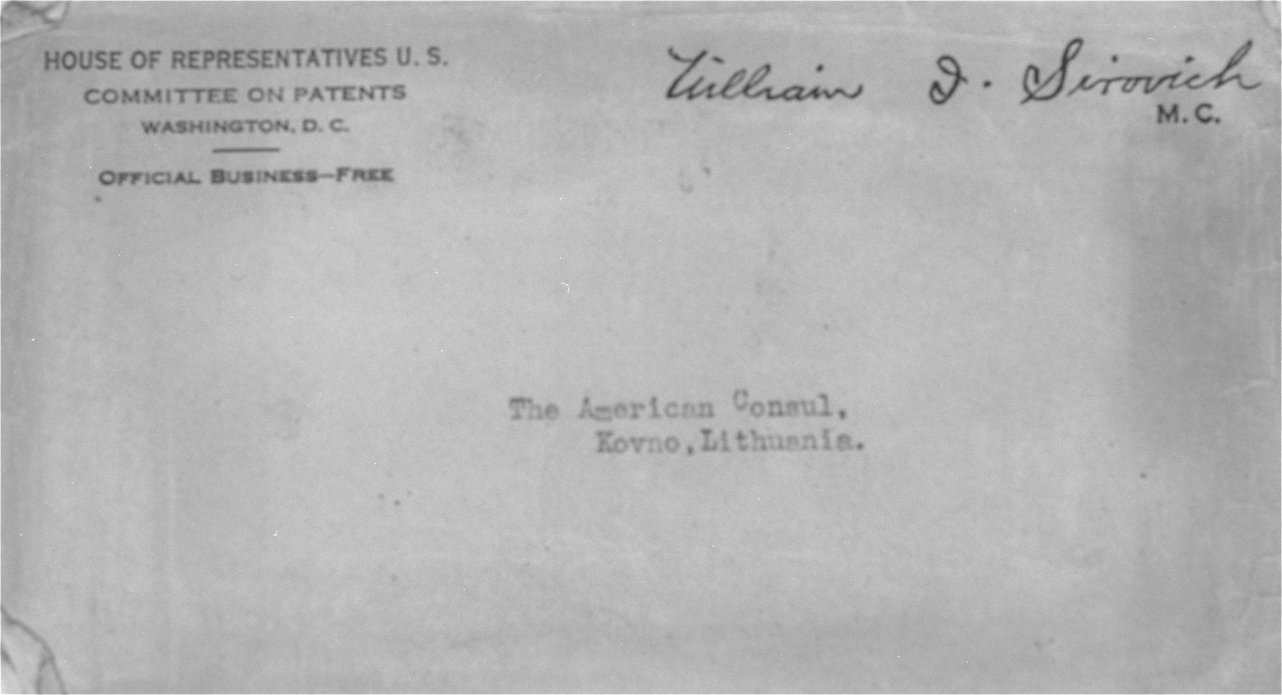 Envelope for the letter of support sent by Congressman William I. Sirovich of New York to the American Consul in Kovno in support of the visa application of Eliezer Kaplan.