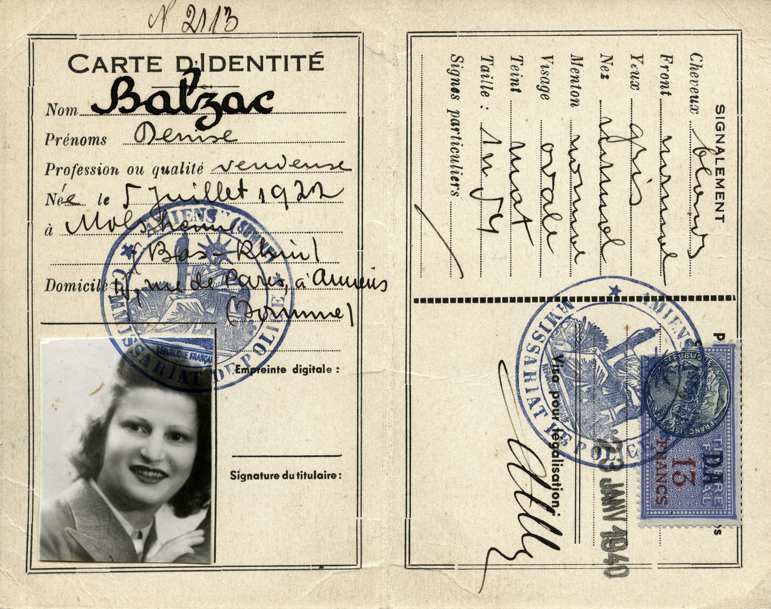 False papers given to Dora Licht under the pseudonym of Denise Balzac.

[The January 1940 date is clearly false as well since Germany only invaded France in May 1940, so at the time this card was supposedly issued, Dora Licht was still using her true name.]
