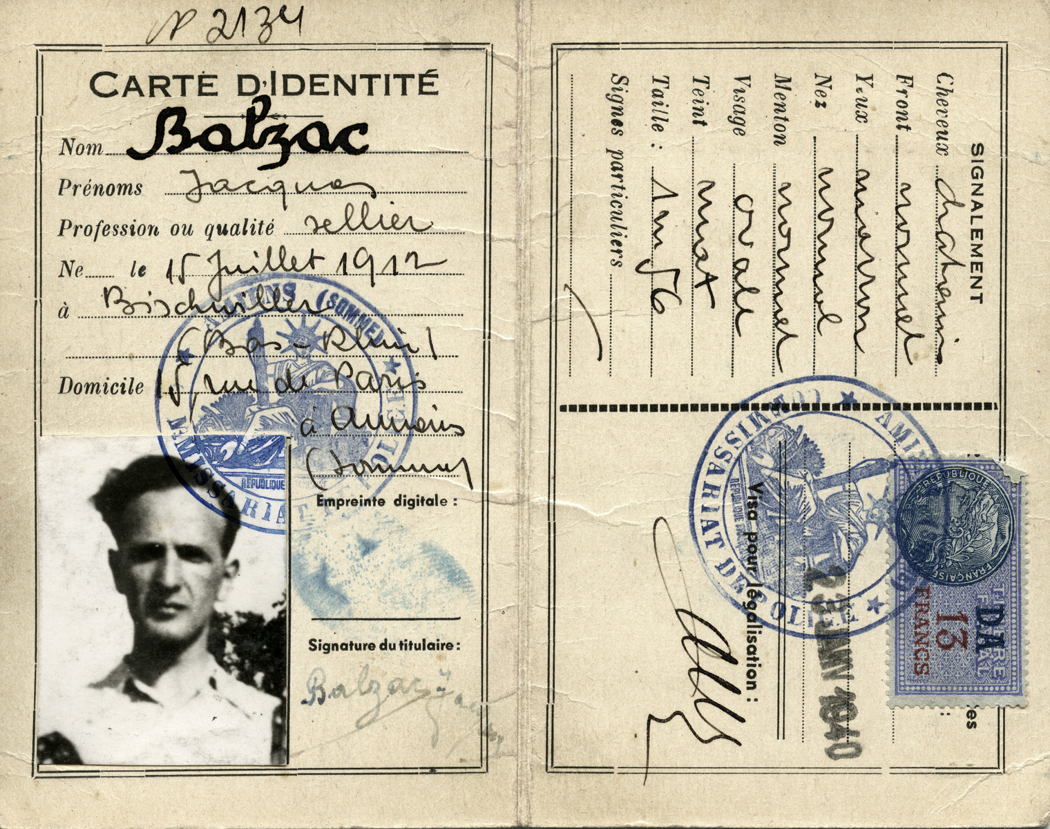 False identification papers given to Jacques Balsam under the pseudonym of Jacques Balzac.

[The January 1940 date is clearly false as well since Germany only invaded France in May 1940, so at the time this card was supposedly issued, Aharon Yaakov Balsam was still using his true name.]