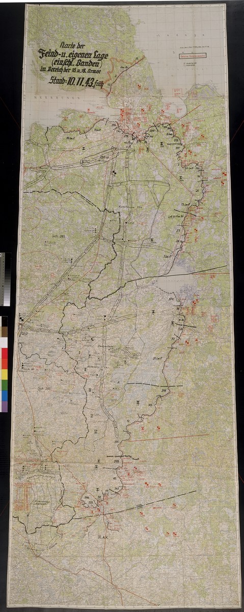 Karte der Feind-u. eigenen Lage (einschl. Banden) im Bereich der 16.u.18. Armee. Stand : 10.11.43.  Situation map for the 16th and 18th Armies south of Leningrad, 1943 Nov. 10.