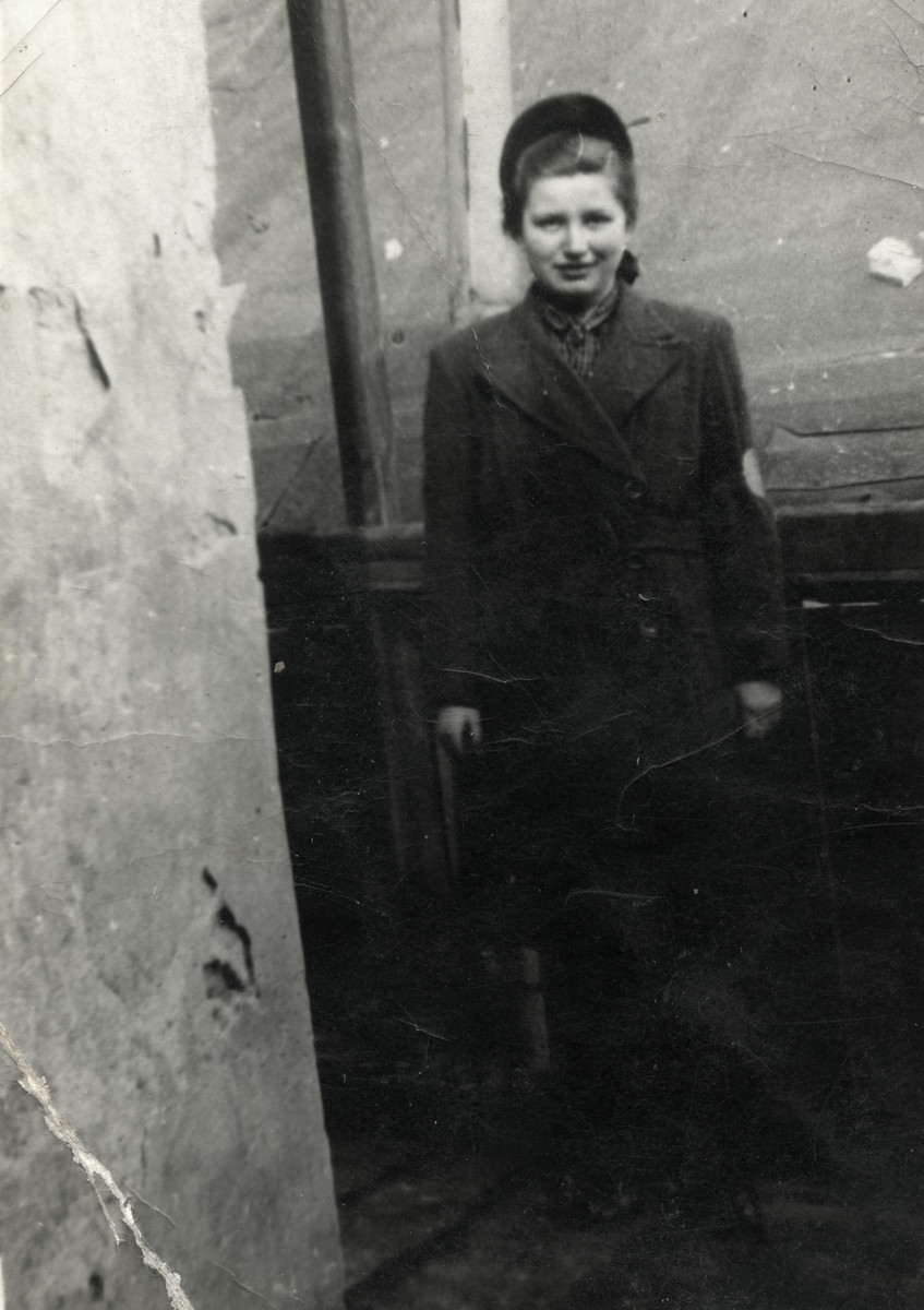Portrait of Mali Lamm wearing an armband in the Chrzanow ghetto.