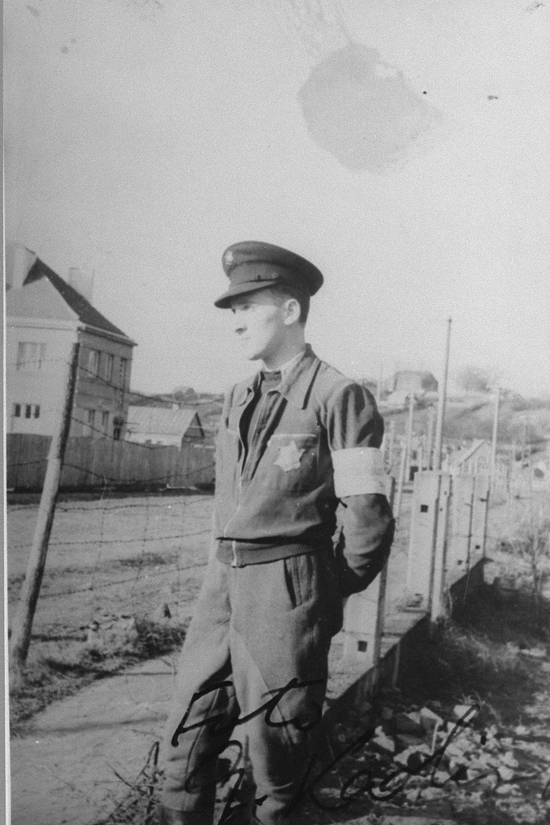 Close-up portrait of the Jewish policeman, Shraga Wainer.

Zvi Kadushin took this photograph from the window of Mr. Wainer's house in order not to be seen.