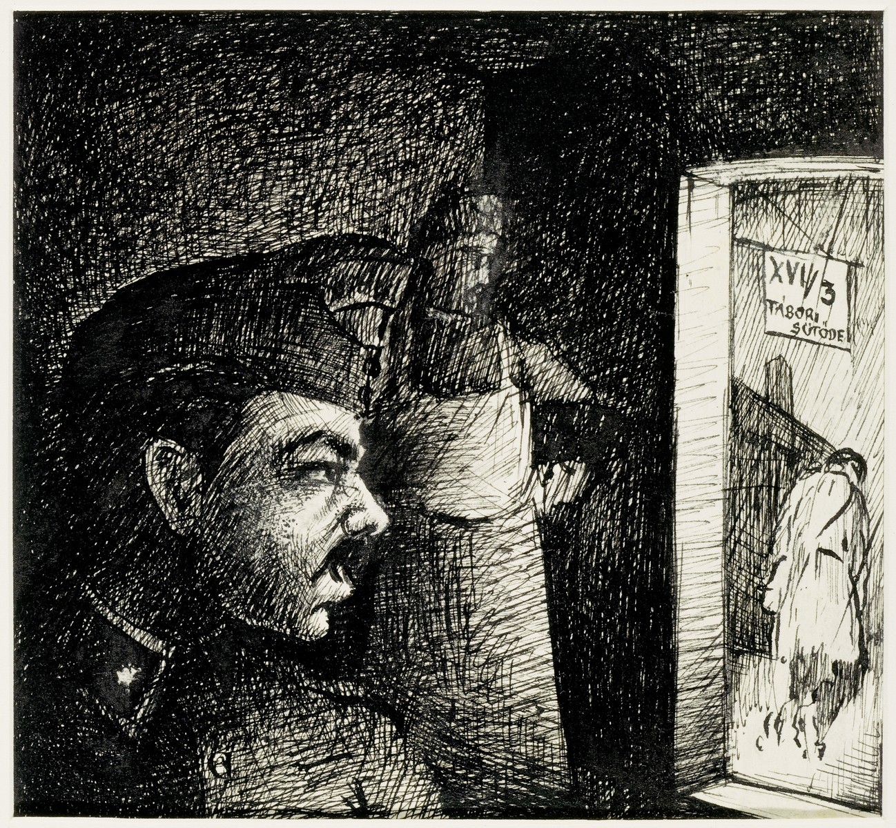 Holocaust art by Ervin Abadi. Ink drawing.

Ervin Abadi, a Hungarian Jew from Budapest, was an aspiring young artist when WWII began.  He was drafted into the Hungarian labor service in the early 1940s.  Abadi managed to escape, but  was recaptured and immediately deported to Bergen-Belsen.  When the camp was liberated, his condition was such that he required extended hospitalization.  During his convalescence, he created dozens of works of holocaust art, including ink drawings, pencil and ink sketches and  watercolors.
After recuperating Abadi returned to Budapest, where he published a collection of his watercolors in 1946.  After becoming disillusioned with the communist regime in Hungary, he moved to Israel, where he continued to publish in Hungarian and Hebrew.  He died in Israel in 1980.