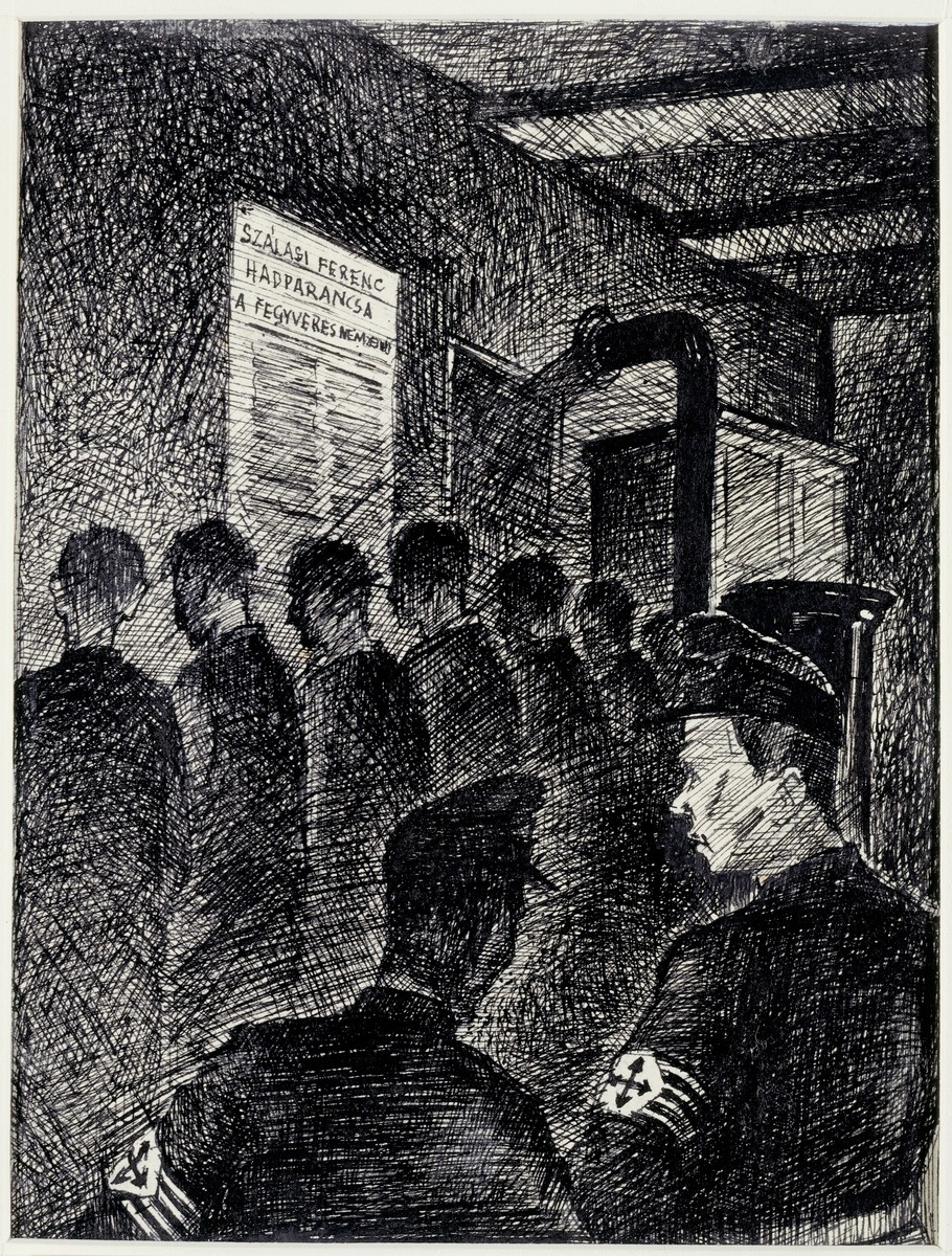 Holocaust art by Ervin Abadi. Ink drawing.

Ervin Abadi, a Hungarian Jew from Budapest, was an aspiring young artist when WWII began.  He was drafted into the Hungarian labor service in the early 1940s.  Abadi managed to escape, but  was recaptured and immediately deported to Bergen-Belsen.  When the camp was liberated, his condition was such that he required extended hospitalization.  During his convalescence, he created dozens of works of holocaust art, including ink drawings, pencil and ink sketches and  watercolors.
After recuperating Abadi returned to Budapest, where he published a collection of his watercolors in 1946.  After becoming disillusioned with the communist regime in Hungary, he moved to Israel, where he continued to publish in Hungarian and Hebrew.  He died in Israel in 1980.