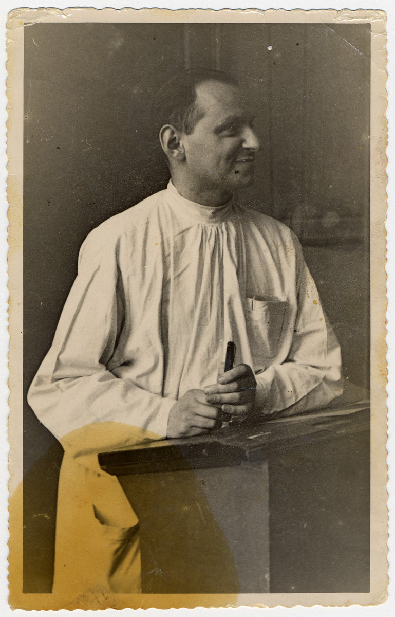 Portrait of Dr. Lazar Javorkovsky, uncle of the donor, wearing his physician's gown.

Lazar Javorkovsky survived incarceration in the Riga ghetto, Kaiserwald, Stutthof, Buchenwald and Magedburg concentration camps.