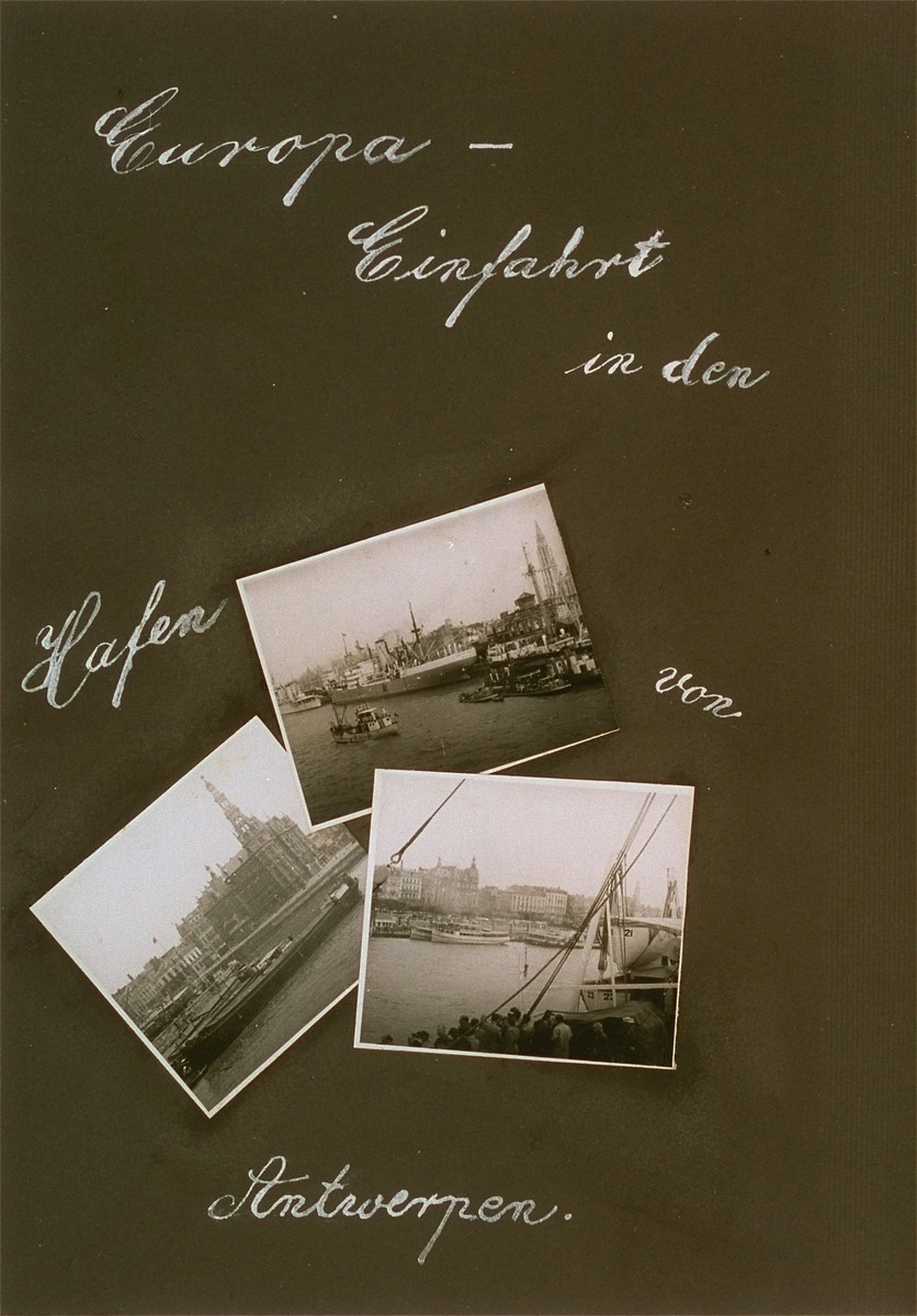 One page from the personal St. Louis photo album assembled Lotte Altschul showing the port of Antwerp.