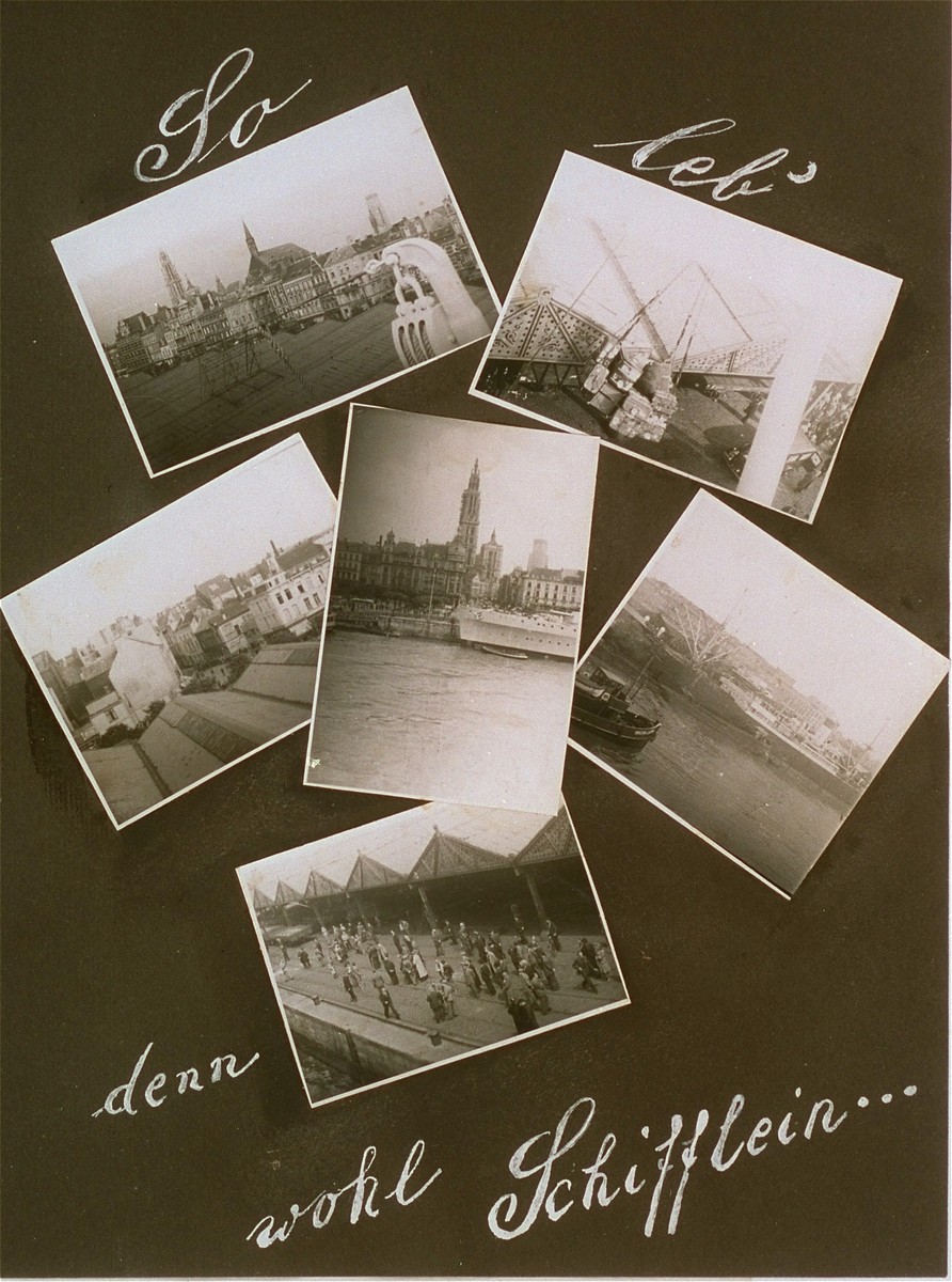 One page from the personal St. Louis photo album assembled by Lotte Altschul.  These photos show the arrival of the ship into the Antwerp harbor.