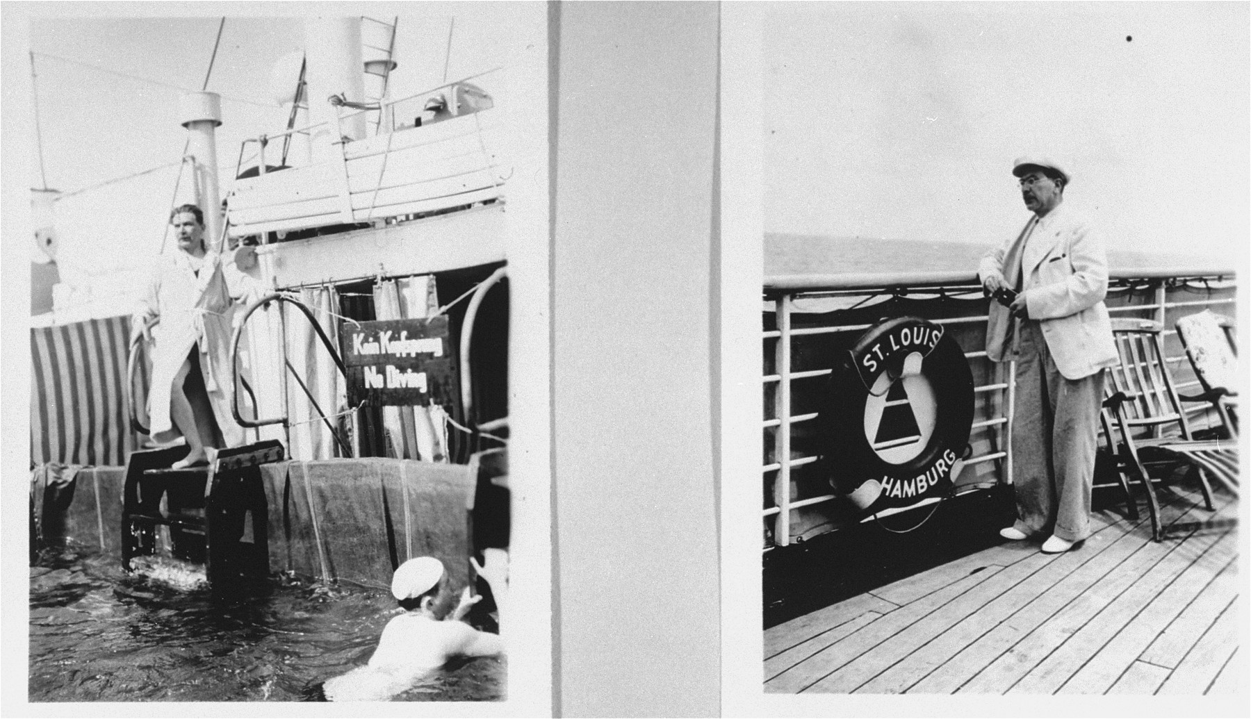 Passengers on the refugee ship MS St. Louis.  

Left: passengers swim in the pool.  Right: a passenger stands on the deck.   From a photo album belonging to St. Louis passenger Moritz Schoenberger.