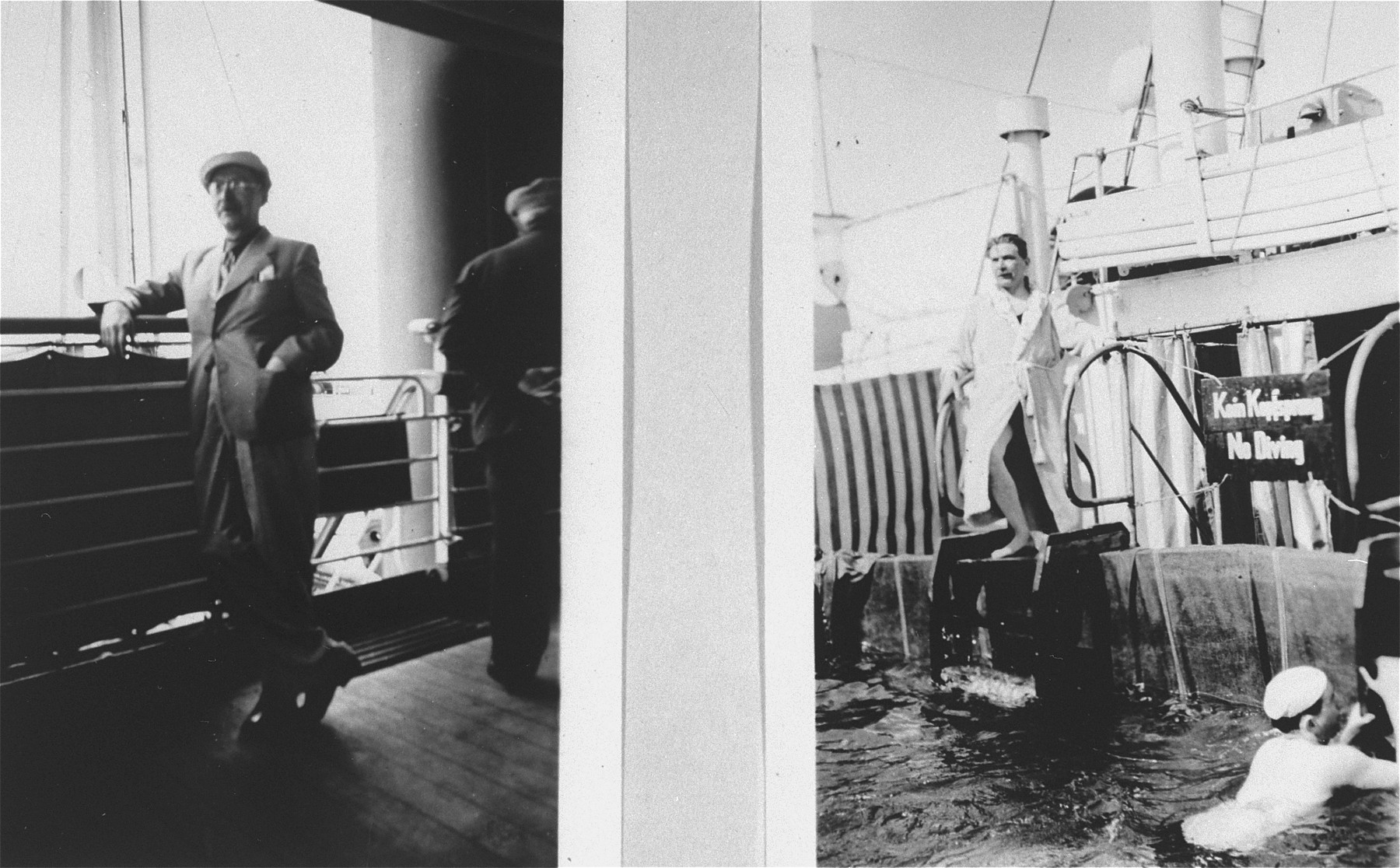 Passengers on the refugee ship MS St. Louis.  

Left: a passenger stands on the deck.  Right: passengers swim in the pool.  From a photo album belonging to St. Louis passenger Moritz Schoenberger.