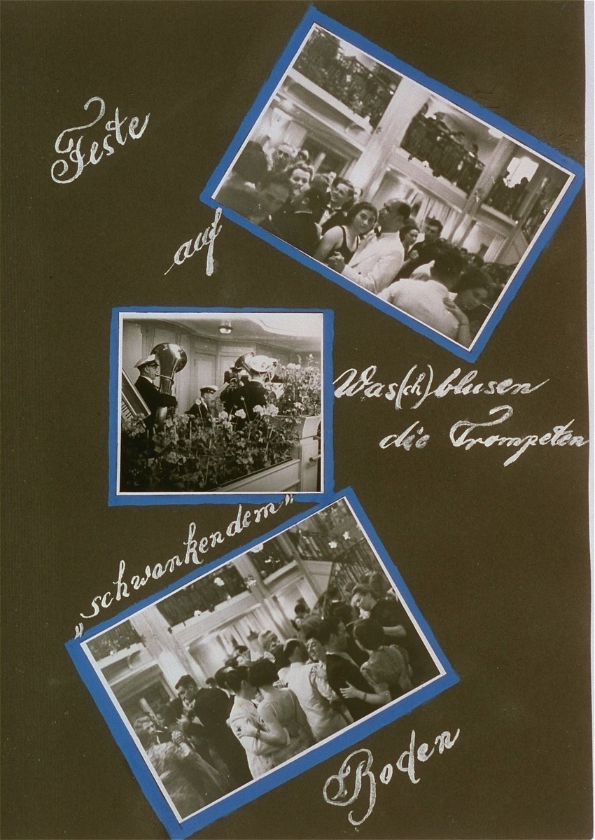 Pictures of scenes from the ship's ballroom displayed in the personal St. Louis photo album of Lotte Altschul.