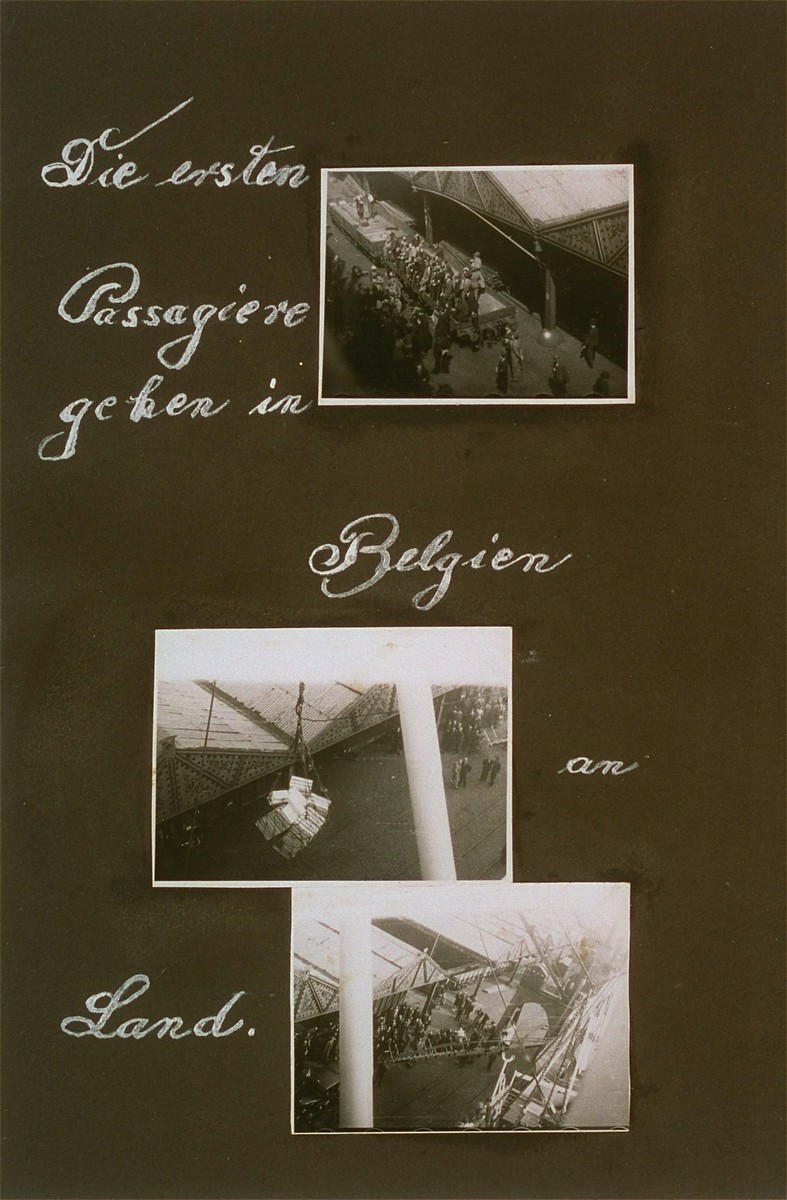 One page from the personal St. Louis photo album assembled by Lotte Altschul.  These photographs show the arrival of the ship into Antwerp harbor.