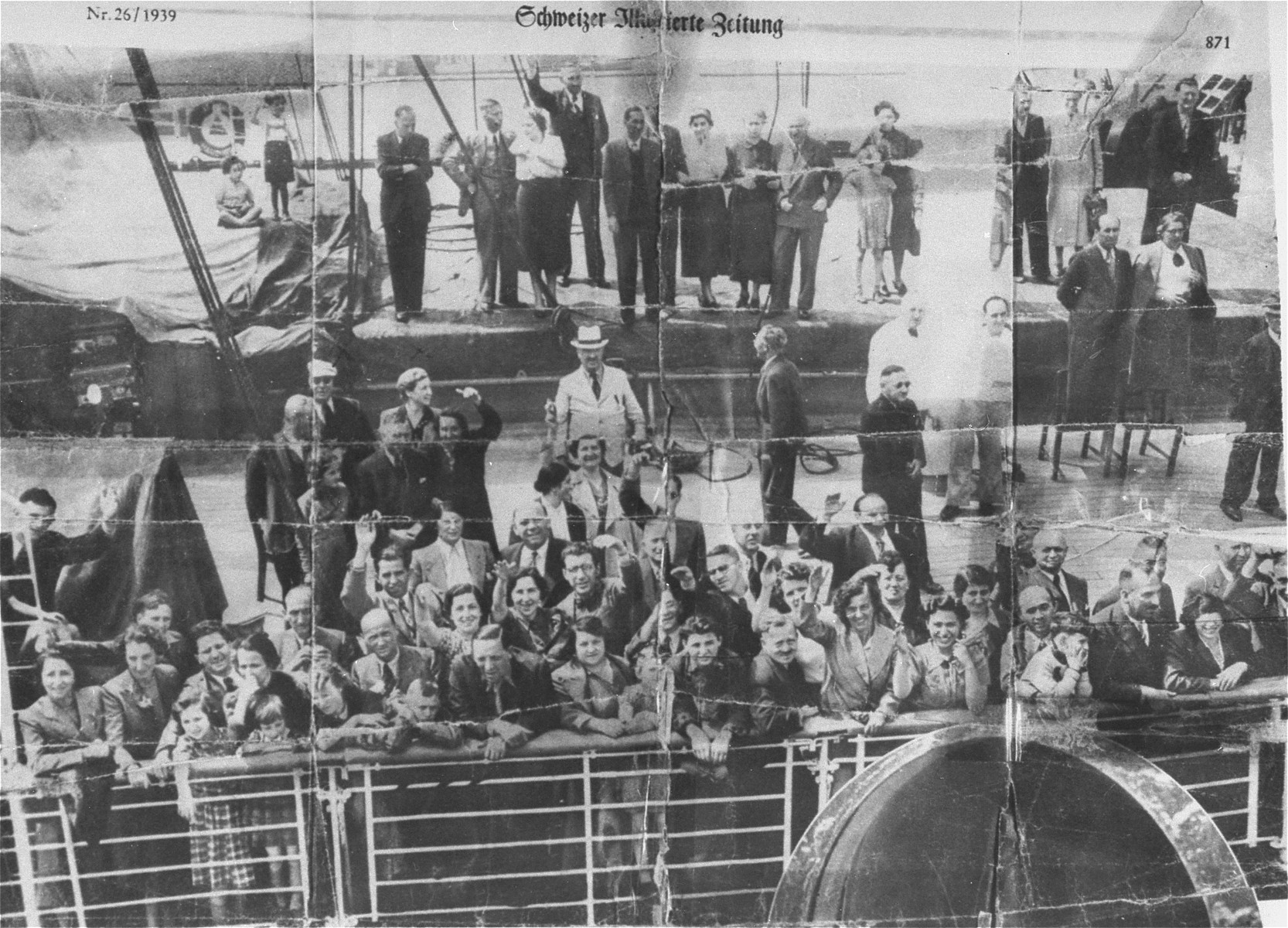 Passengers crowd the deck of the MS St. Louis.  

Among those pictured is Ernst Weil (with glasses) waving from the deck.  Standing in the back on a raised section, the fifth and sixth people from the left are mother and daughter, Elly and Renate Reutlinger.