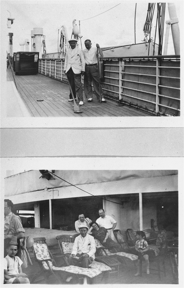 Passengers on the deck of the refugee ship MS St. Louis.   

From a photo album belonging to St. Louis passenger Moritz Schoenberger.