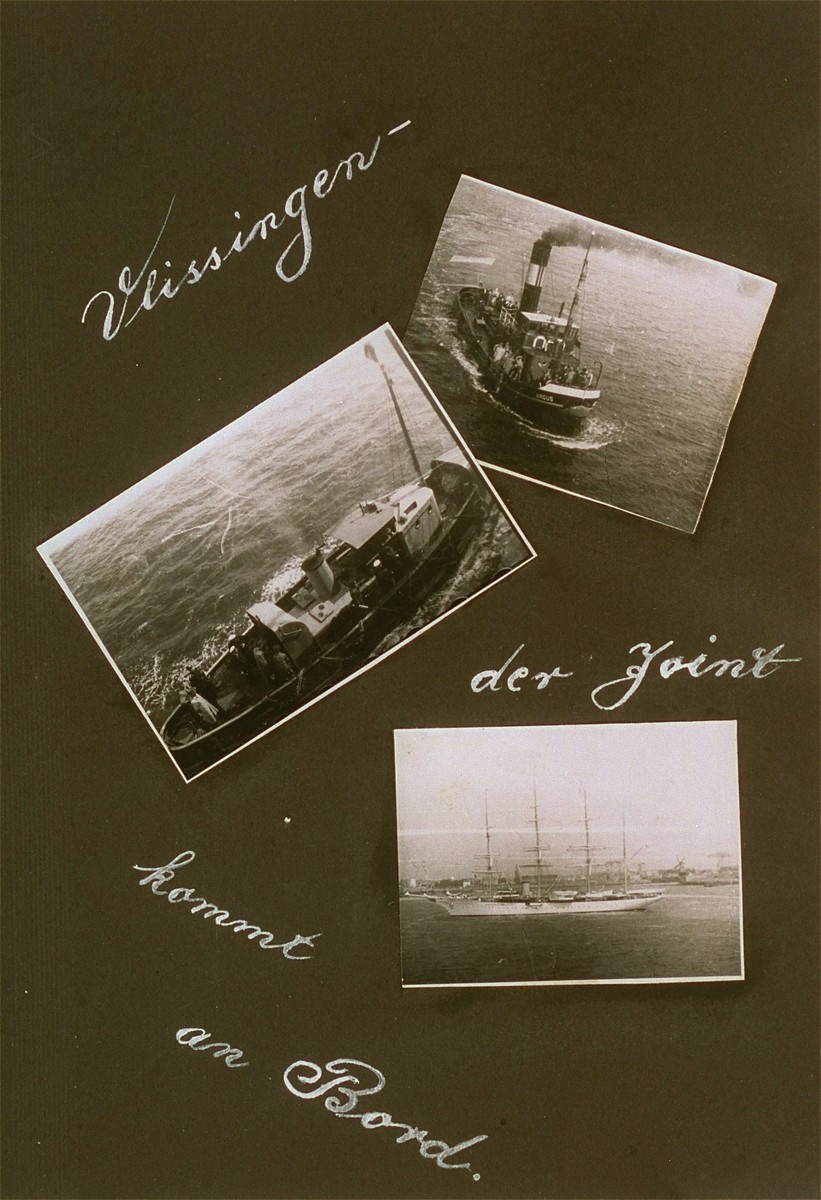 One page from the personal St. Louis photo album assembled Lotte Altschul showing the arrival of a small boat bringing a representative from the JDC in advance of the ship's docking in Antwerp.