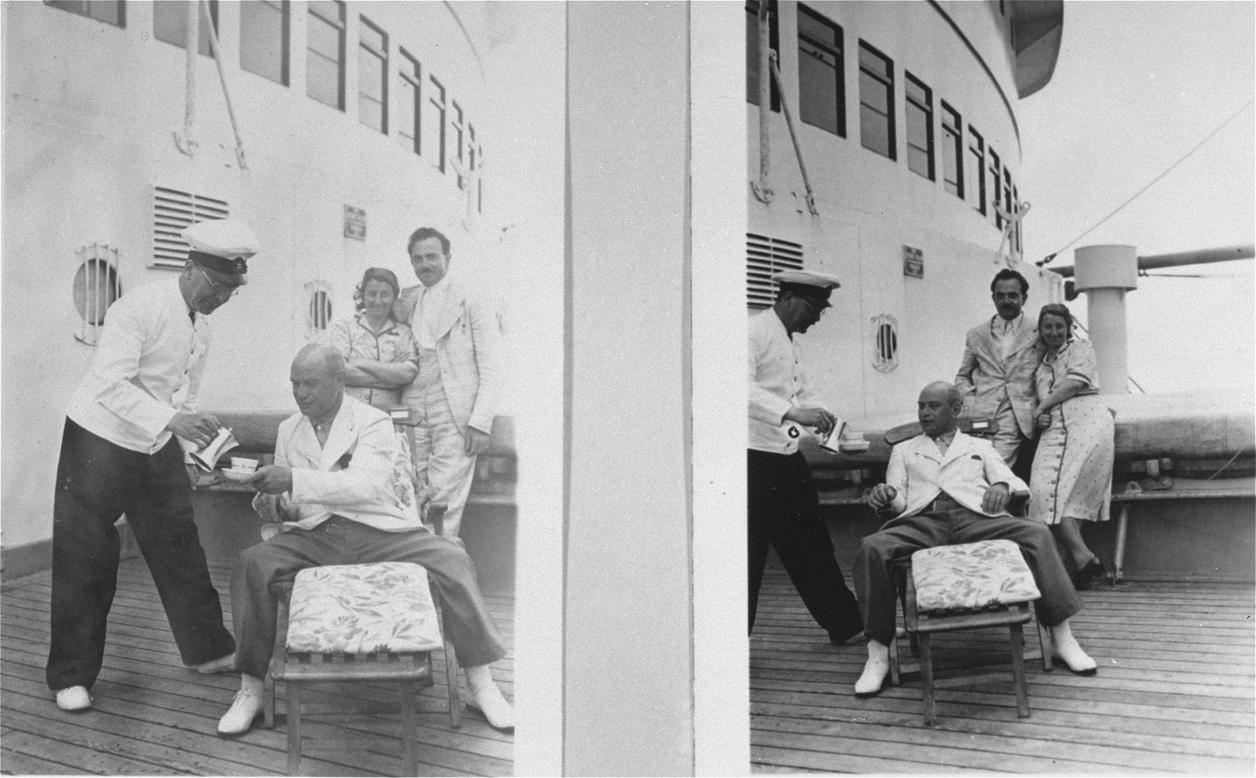 Passengers having coffee on the deck of the MS St. Louis.   

From a photo album belonging to St. Louis passenger Moritz Schoenberger.