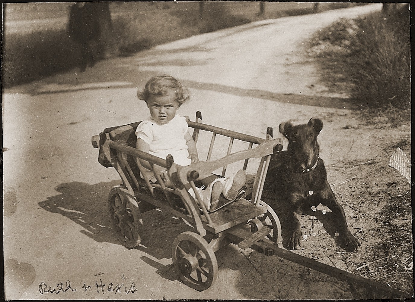 Ruth Wottitzky sits outside in a wagon next to her dog.