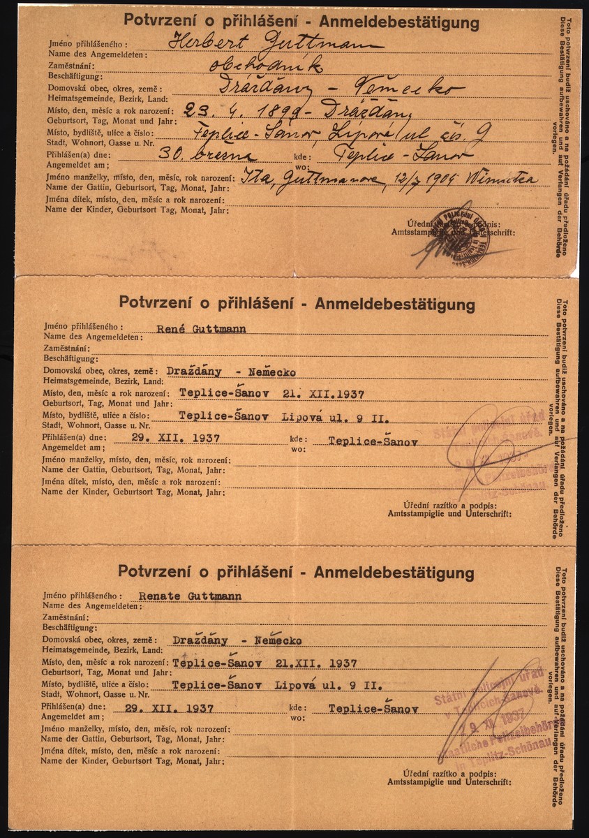 A registration form that documents the residence of the Guttmann family in Teplice-Sanov.