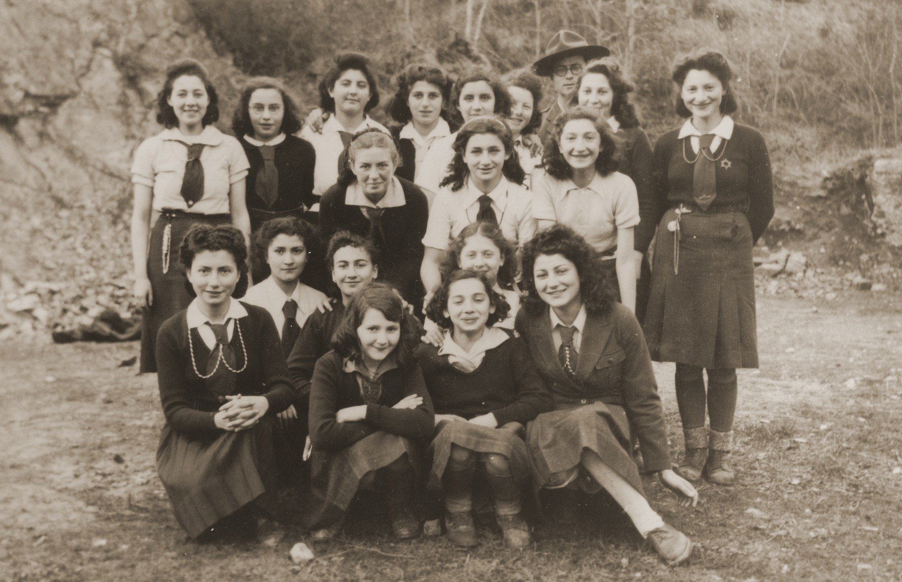 Group portrait of the members of Simone Weil's troop of the Eclaireurs Israelites de France (Jewish Scouts of France).  The name of her section was Eretz Yisrael (The Land of Israel).