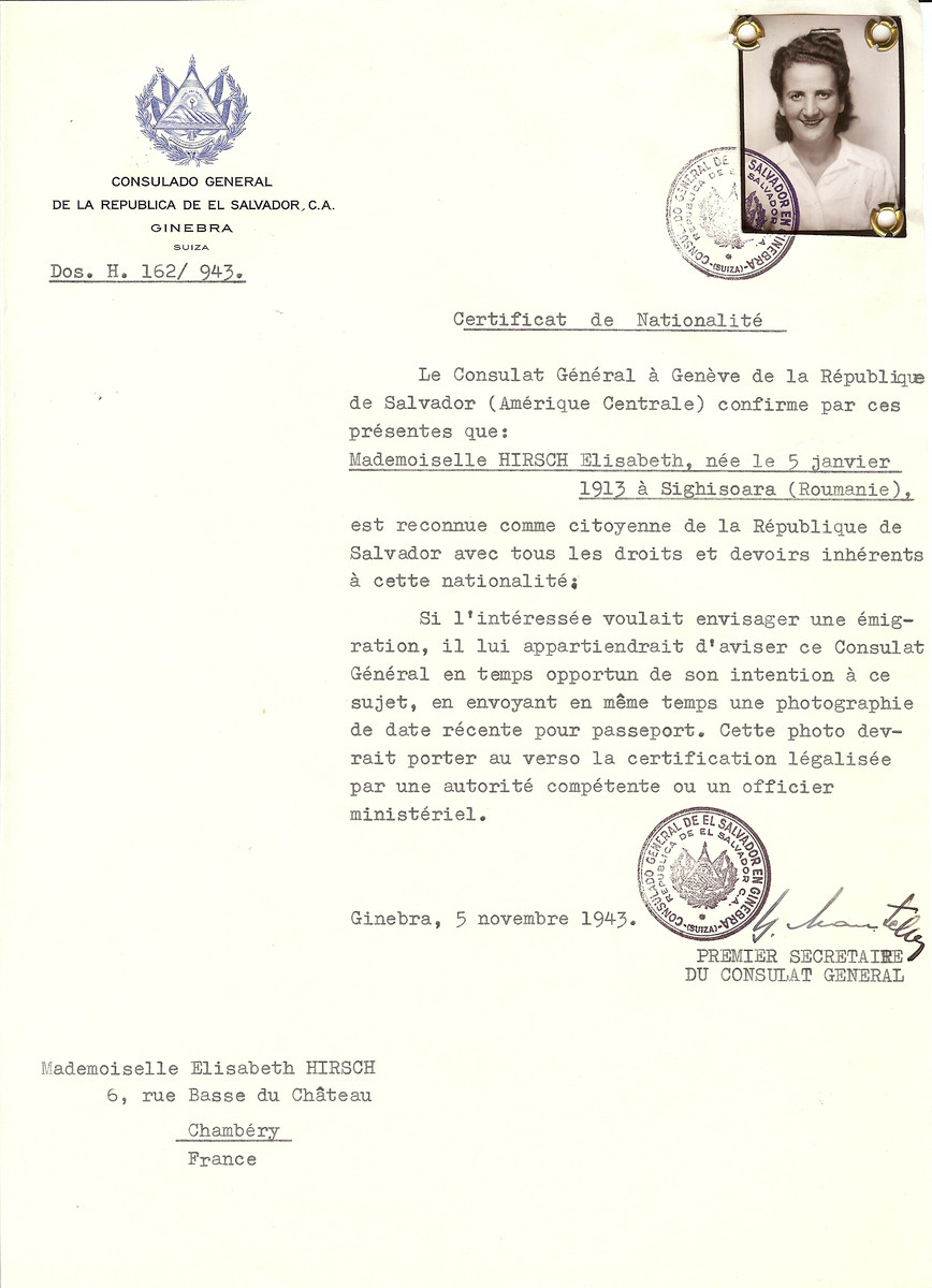 Unauthorized Salvadoran citizenship certificate issued to Elisabeth Hirsch (b. January 5, 1913 in Sighisoara, Romania), by George Mandel-Mantello, First Secretary of the Salvadoran Consulate in Switzerland and sent to her residence at Chambery.
