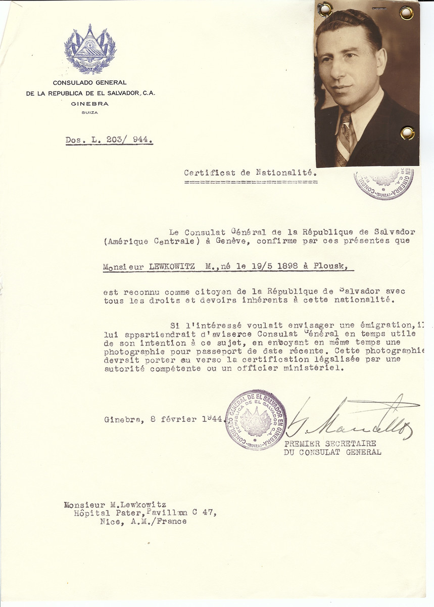 Unauthorized Salvadoran citizenship certificate issued to M. Lewkowitz (b. May 19, 1898 in Plousk) by George Mandel-Mantello, First Secretary of the Salvadoran Consulate in Switzerland and sent to him in Nice.