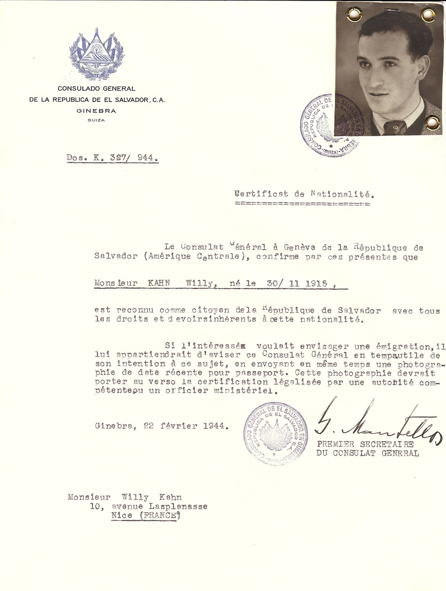 Unauthorized Salvadoran citizenship certificate issued to Willy Kahn (b. November 30, 1915), by George Mandel-Mantello, First Secretary of the Salvadoran Consulate in Switzerland and sent to his residence in Nice.