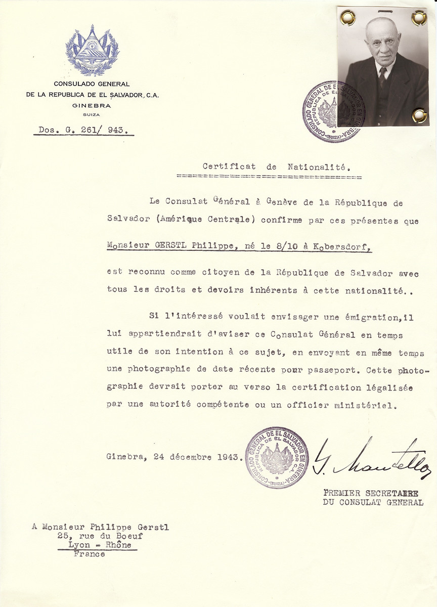 Unauthorized Salvadoran citizenship certificate issued to Philippe Gerstl (b. October 8 [year not noted] in Kobersdorf), by George Mandel-Mantello, First Secretary of the Salvadoran Consulate in Switzerland and sent to his residence in Lyon.