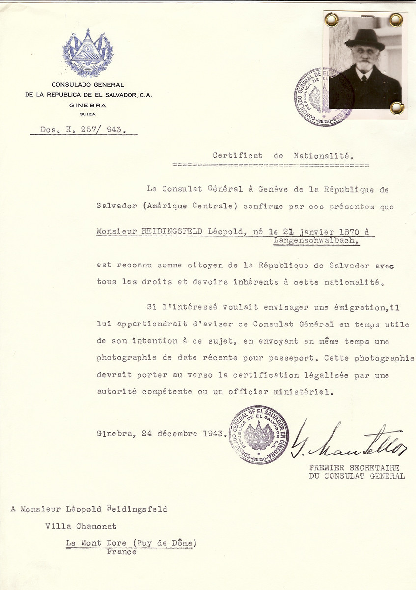 Unauthorized Salvadoran citizenship certificate issued to Leopold Heidingsfeld (b. January 21, 1870), by George Mandel-Mantello, First Secretary of the Salvadoran Consulate in Switzerland and sent to him at Le Mont Dore.