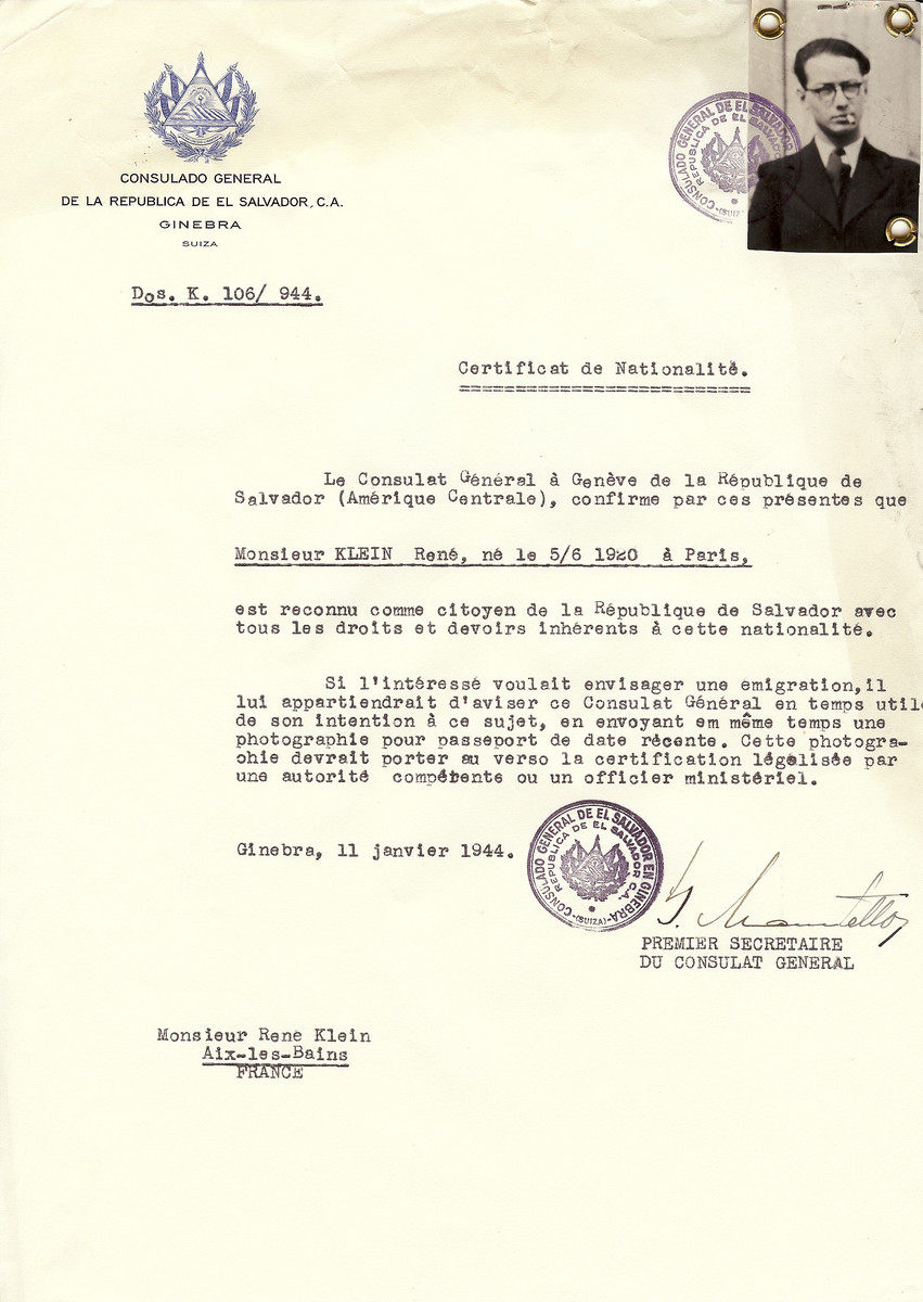 Unauthorized Salvadoran citizenship certificate issued to Rene Klein (b. June 5, 1920 in Paris), by George Mandel-Mantello, First Secretary of the Salvadoran Consulate in Switzerland and sent to him in Aix-les-Bains.
