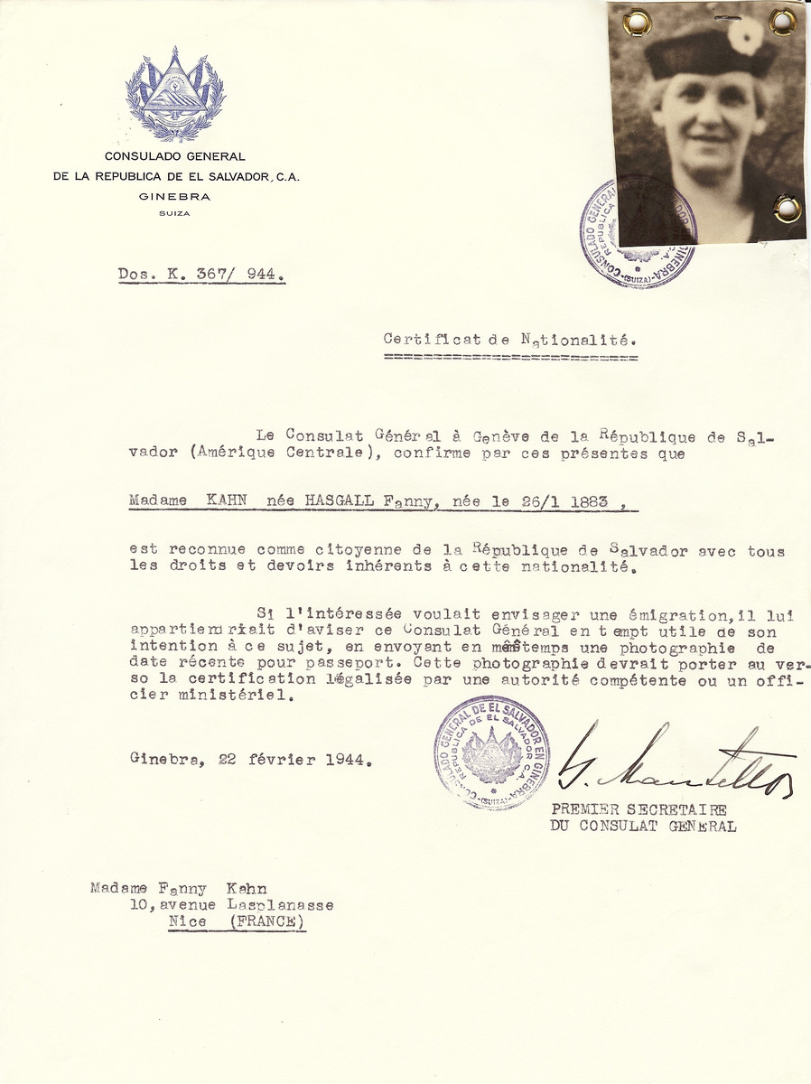 Unauthorized Salvadoran citizenship certificate issued to Fanny (Hasgall) Kahn (b. January 25, 1883), by George Mandel-Mantello, First Secretary of the Salvadoran Consulate in Switzerland and sent to her residence in Nice.
