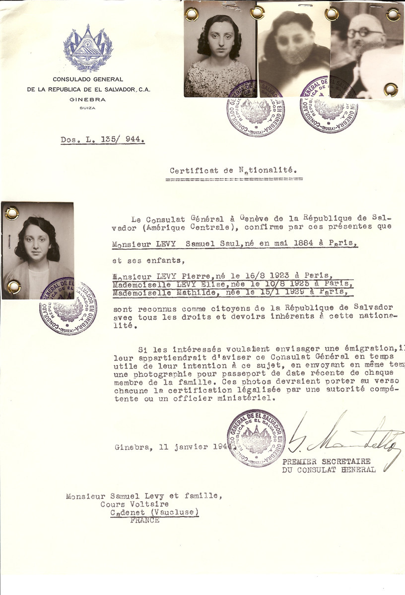 Unauthorized Salvadoran citizenship certificate issued to Samuel Saul Levy (b. May 1884 in Paris) and his children Pierre (b. August 16, 1923), Elise (b. August 10, 1925) and Mathilde (b. January 15, 1929) by George Mandel-Mantello, First Secretary of the Salvadoran Consulate in Switzerland and sent to them in Cadenet.