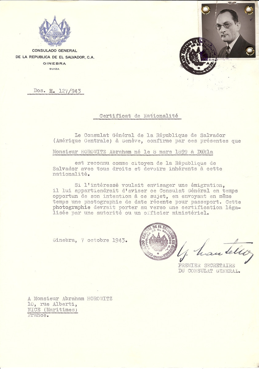 Unauthorized Salvadoran citizenship certificate issued to Abraham Horowitz (b. March 8, 1899 in Dukla), by George Mandel-Mantello, First Secretary of the Salvadoran Consulate in Switzerland and sent to his residence in Nice.