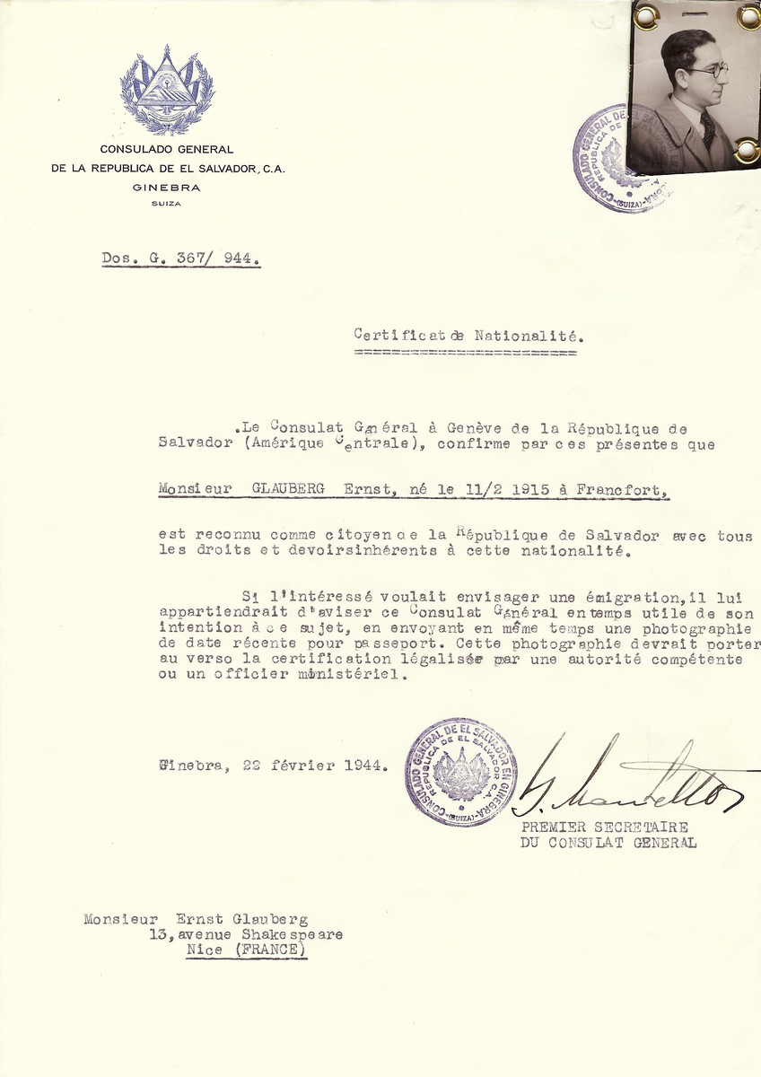 Unauthorized Salvadoran citizenship certificate issued to Philippe Gerstl (b. February 11, 1915 in Frankfurt), by George Mandel-Mantello, First Secretary of the Salvadoran Consulate in Switzerland and sent to his residence in Nice.