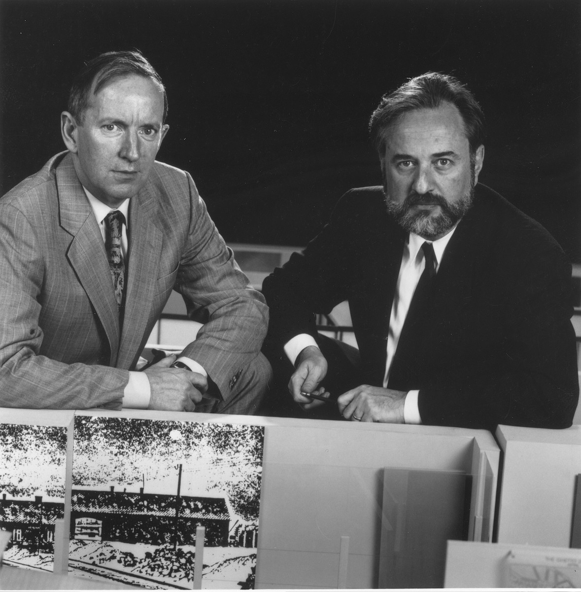 Permanent exhibition director Martin Smith and designer Ralph Appelbaum pose next to the models for the permanent exhibition at the U.S. Holocaust Memorial Museum.