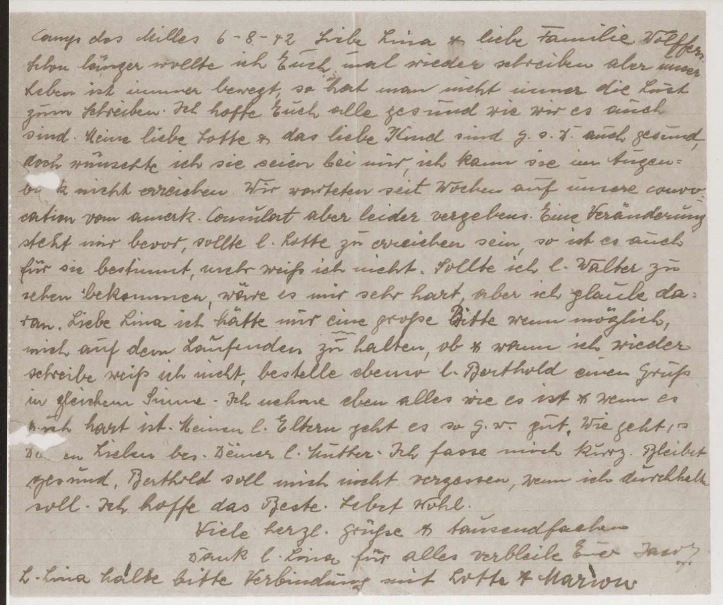 The last letter written by Jakob Michel from the Les Milles camp, addressed to Mrs. Wolffer, a woman in Switzerland who came from the same German village as Jakob.    

In the letter Jakob asks her to look after his family.  When Marion was sent to Switzerland by the OSE, Mrs. Wolffer became her foster mother.