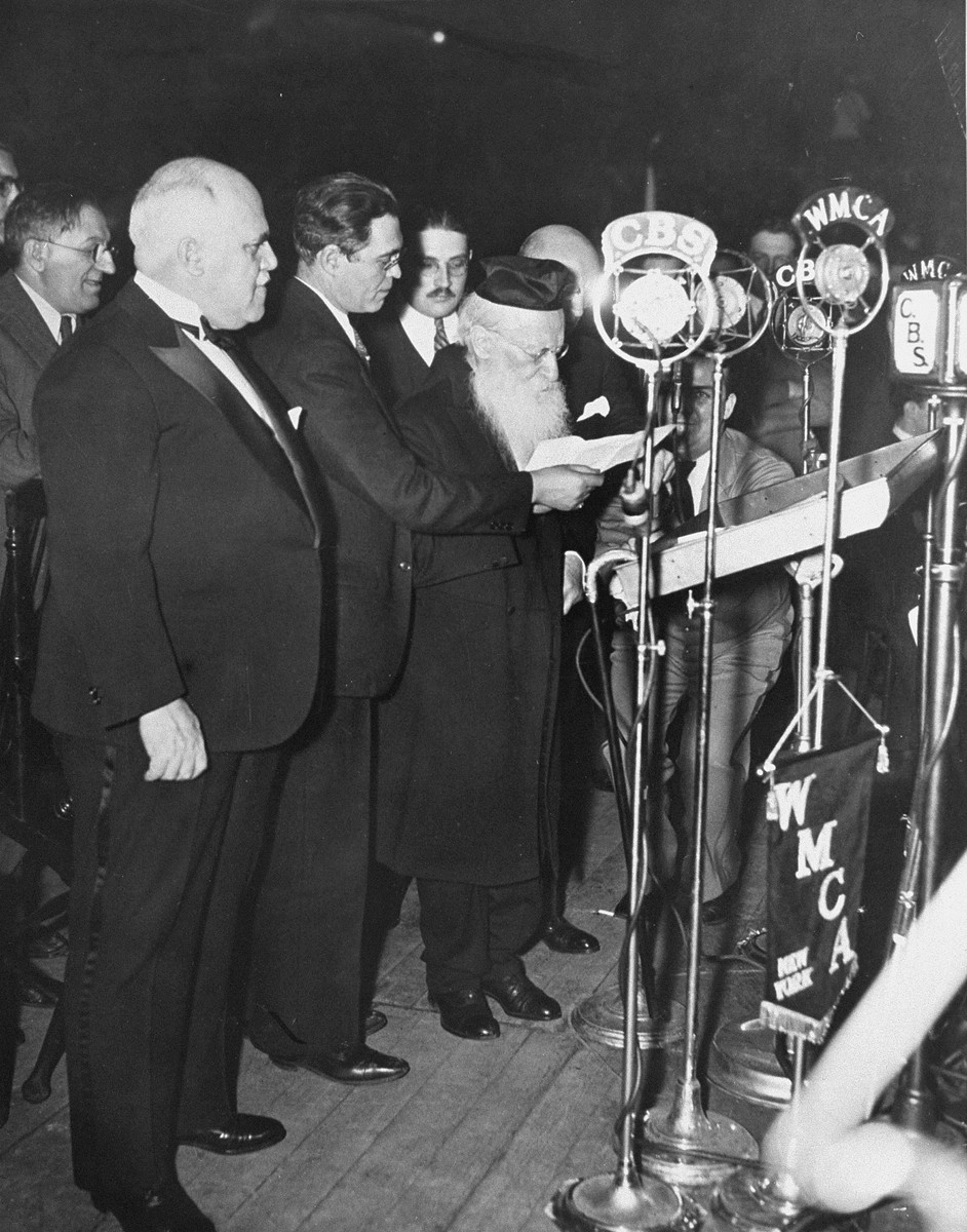 Rabbi M.S. Margolis delivers a speech at a mass demonstration in Madison Square Garden to protest against the Nazi persecution of German Jews.

Rabbi Margolis, President of the Orthodox Jewish Congregations of America, is the oldest living rabbi in the United States.