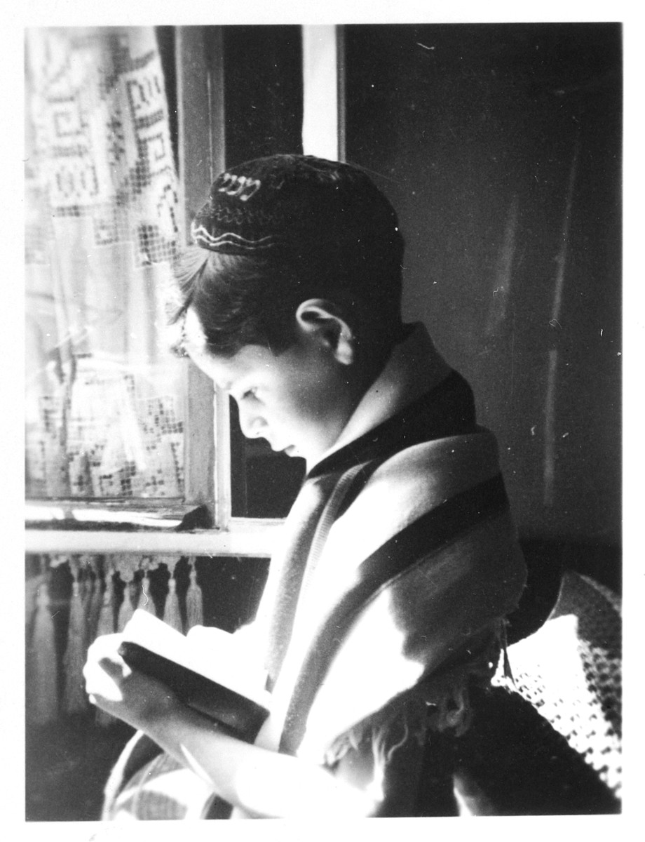 Alex Hochhauser's nephew [either Ernst or Jacob] recites his morning prayers wrapped in a tallit.  He perished in 1942.
