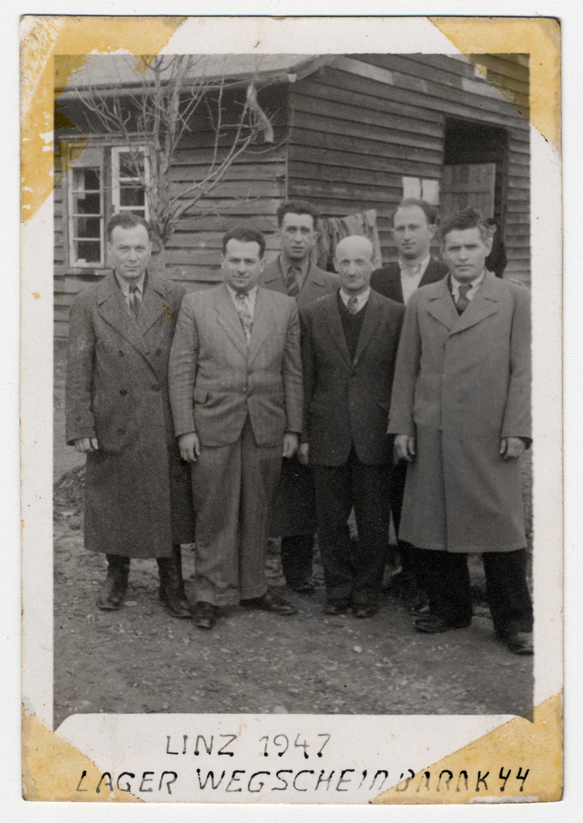 Six men pose for a picture in the Wegscheid DP camp.

From left to right: unidentified, Boris Rappaport, unidentified, Boruch Swierdziol, Mr. Abramowicz, and Mr. Chayital.