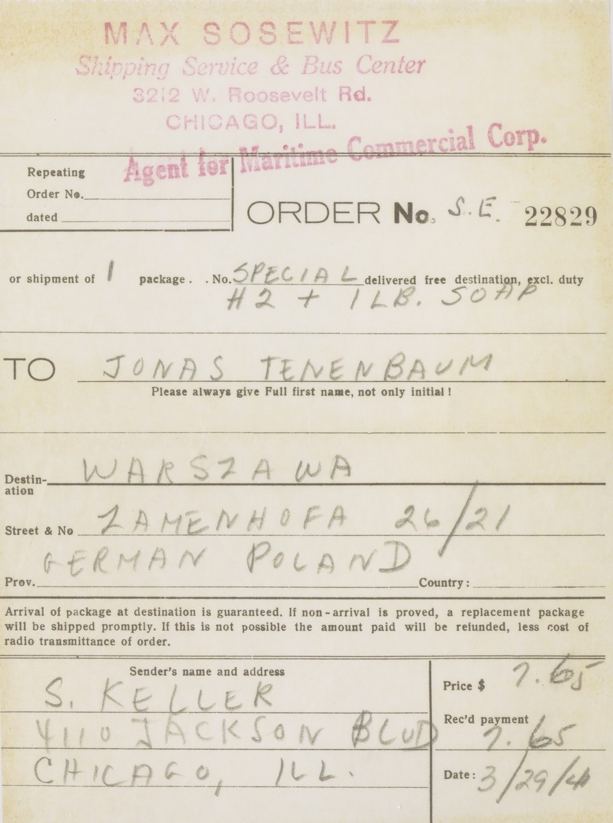A receipt for a food package sent by the donor to her father, Jonas Tenenbaum, in the Warsaw ghetto.