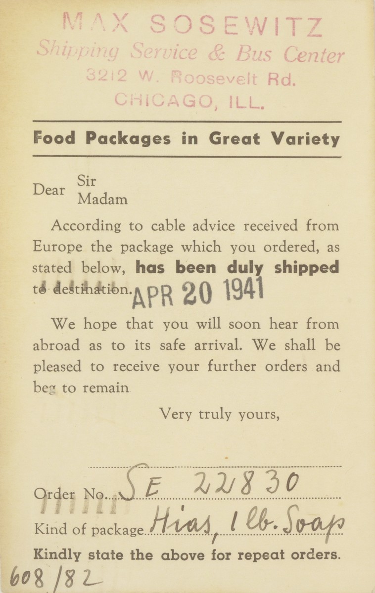 A notice sent by the Max Sosewitz shipping service to Estera Tenenbaum, notifying her that a food package has been sent to her family in the Warsaw ghetto.