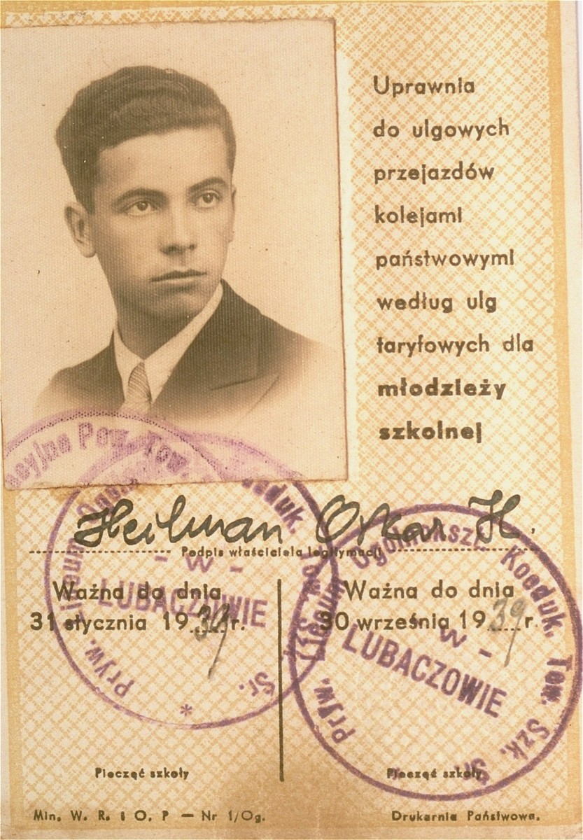 A high school identification card issued to Oskar Henryk Heilman.

Joshua Heilman, known as well as Oskar Henryk, left for Palestine on August 22, 1939.  He studied at the Hebrew University in Jerusalem and in 1942 enlisted in the British army.