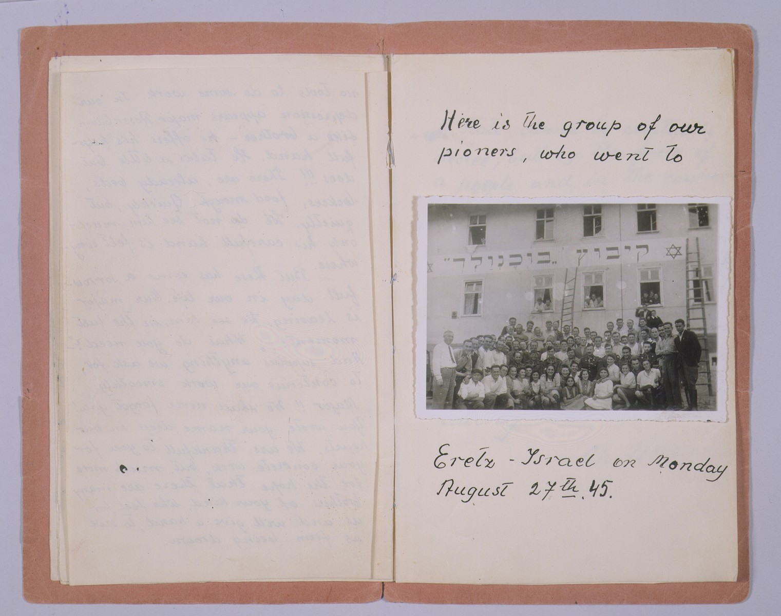 One page of a booklet produced by a member of the hachshara (Zionist collective) Kibbutz Buchenwald, featuring a group portrait of members of the collective taken beneath the Kibbutz Buchenwald banner.

The group in the photograph photograph departed for Palestine on August 27, 1945.